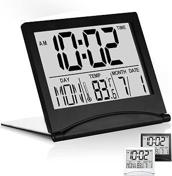 Betus Digital Travel Alarm Clock Foldable Calendar, Temperature & Timer with Snooze Large Number Display, Battery Operated Compact Desk Clock for Home & Office Black