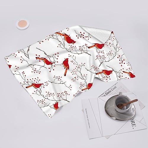 Miniatura 6 de Bapcoku Toallas de cocina con diseño de pájaro cardenal, bayas rojas, para decoración navideña, paños absorbentes con lazo para colgar, toallas de