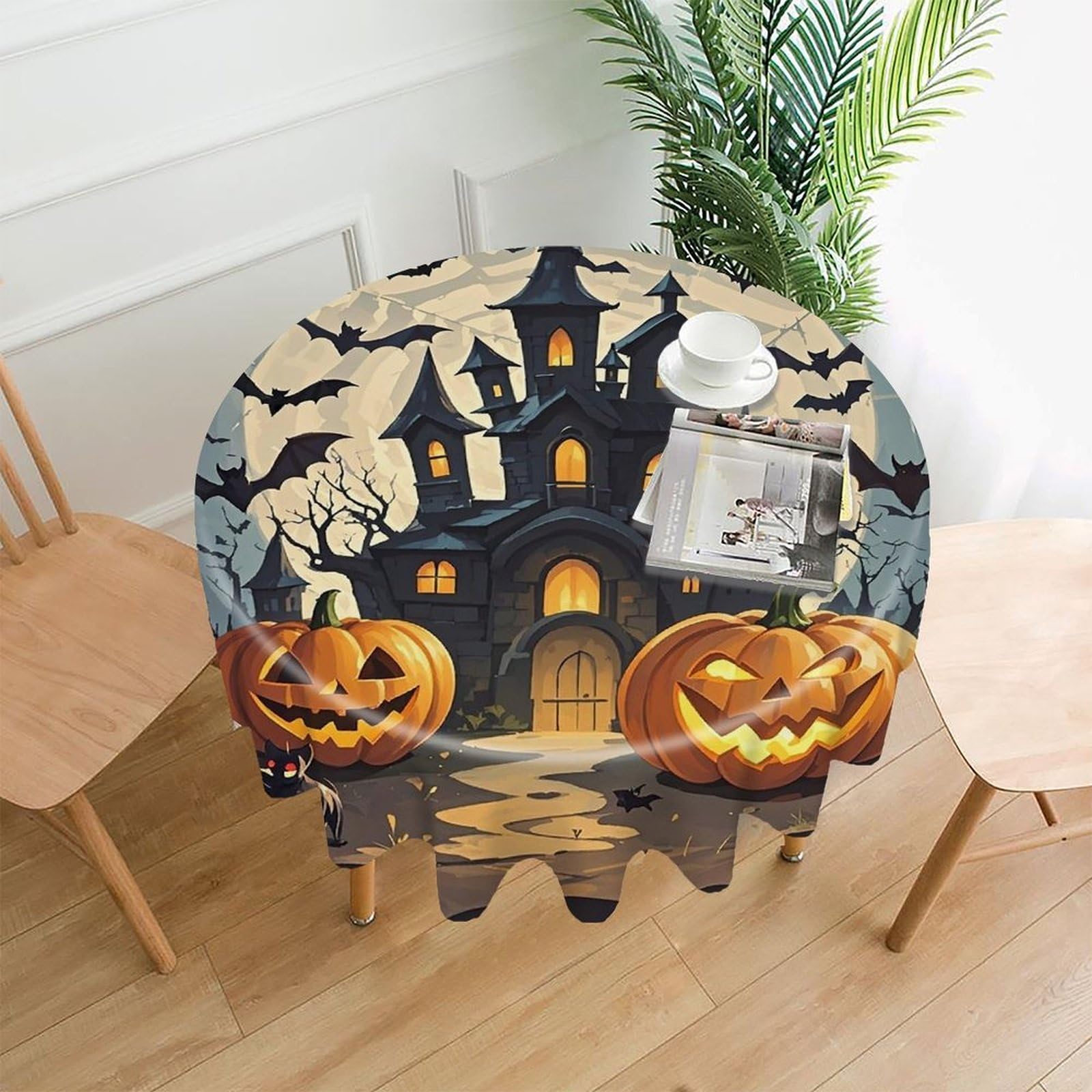 FekiLoot Pumpkin Lantern Castle Tablecloth Decorative Round Table Cloth Wrinkle Resistant Washable Circle Table Cover Round Tablecloth for Picnic Party Camping Dining 60 Inch