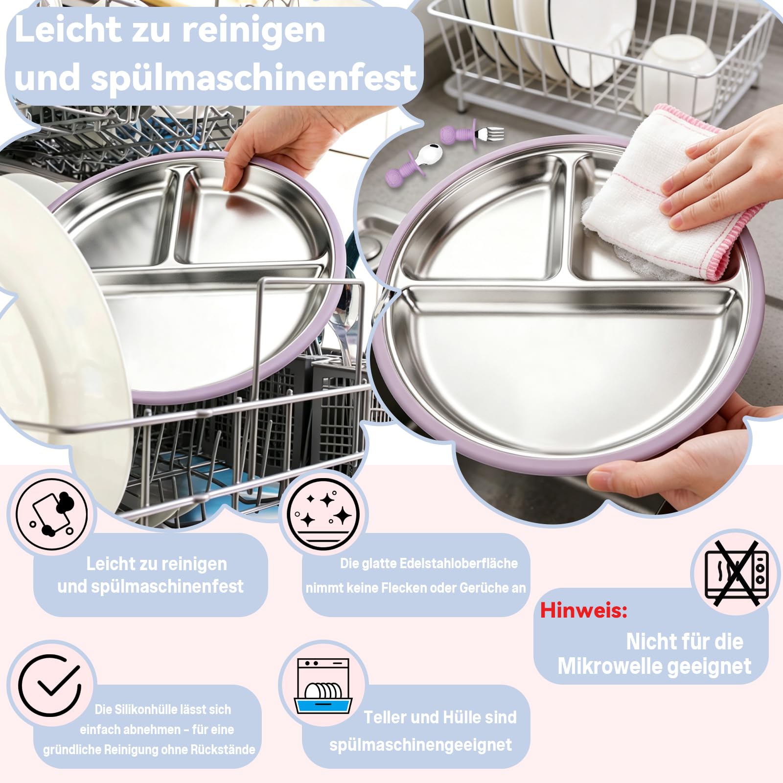 Set di 4 piatti per bambini in acciaio inox con ventosa in silicone e 4 cucchiai, 4 forchette, antiscivolo, per contorni per bambini, lavabili in lavastoviglie, senza BPA
