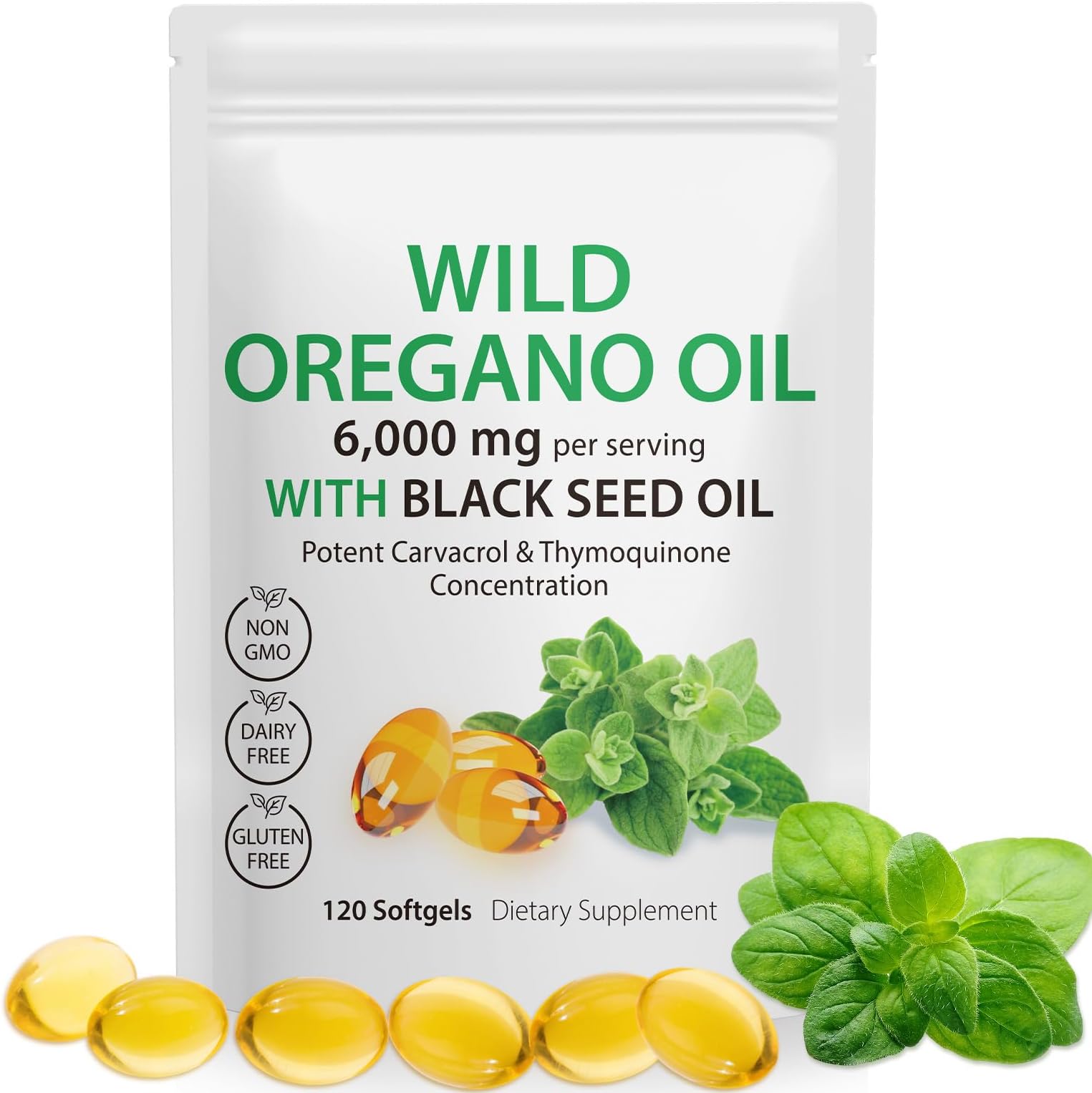 Oregano Oil Capsules,2 in 1 6000mg Oil of Oregano with Black Seed Oil, Wild Oregano Oil Immune and Antioxidant Support,Non-GMO,Gluten Free,120 Softgels (1 Bag)