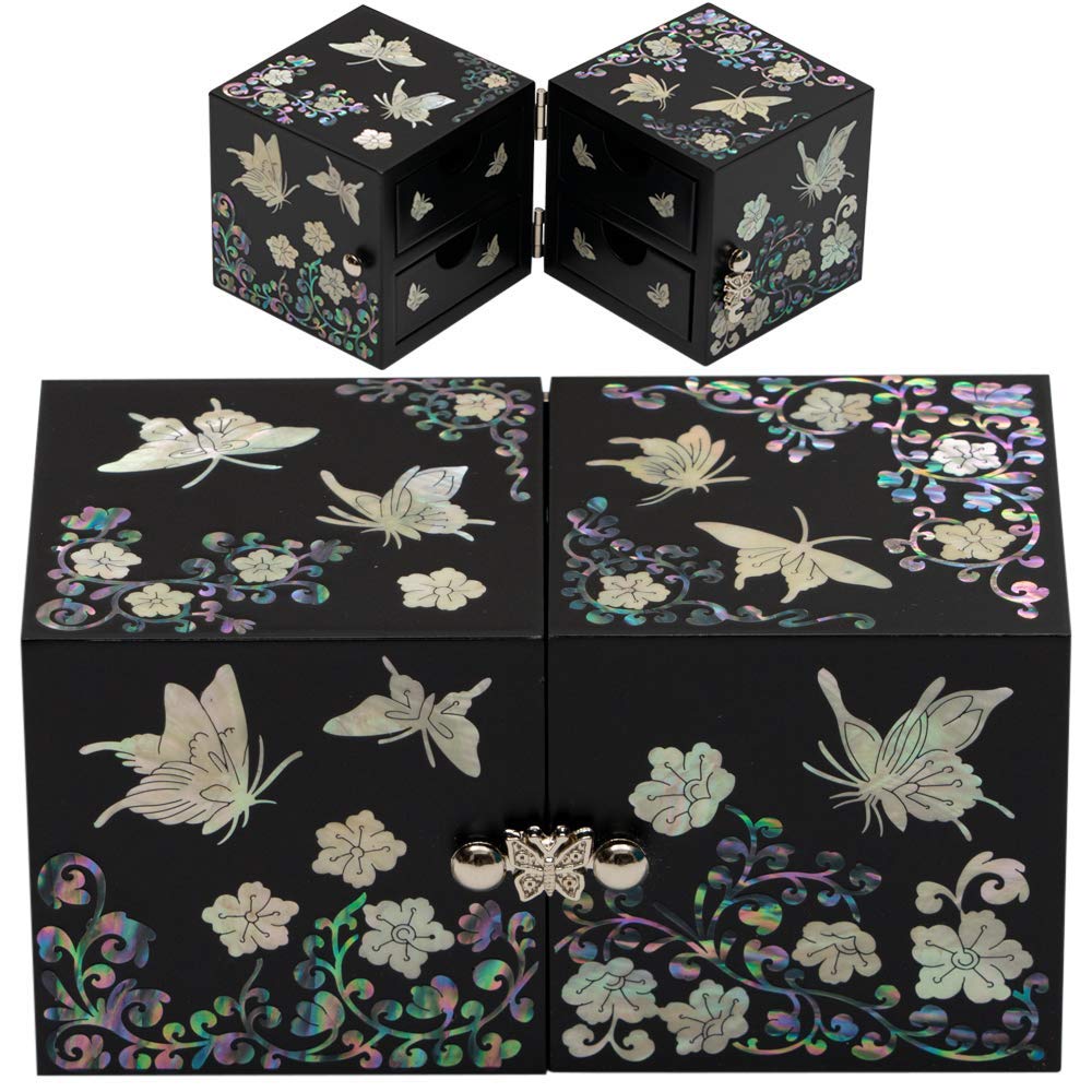 February Mountain Boîte à bijoux cubique en nacre incrustée de coquillages – Parfait pour bracelets, bibelots, montres, boucles d'oreilles, chaînes et accessoires