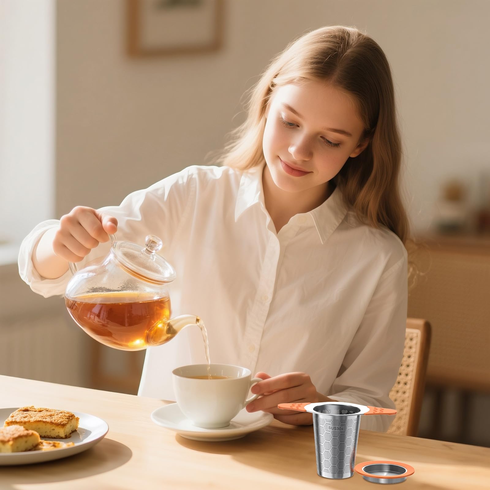 Tee-Ei für losen Tee, 18/8 Edelstahl, Tee-Ei mit hitzebeständigen Silikongriffen, extra feines Netz, filtert feine Teeblätter, passend für Teekannen/Tassen, Orange