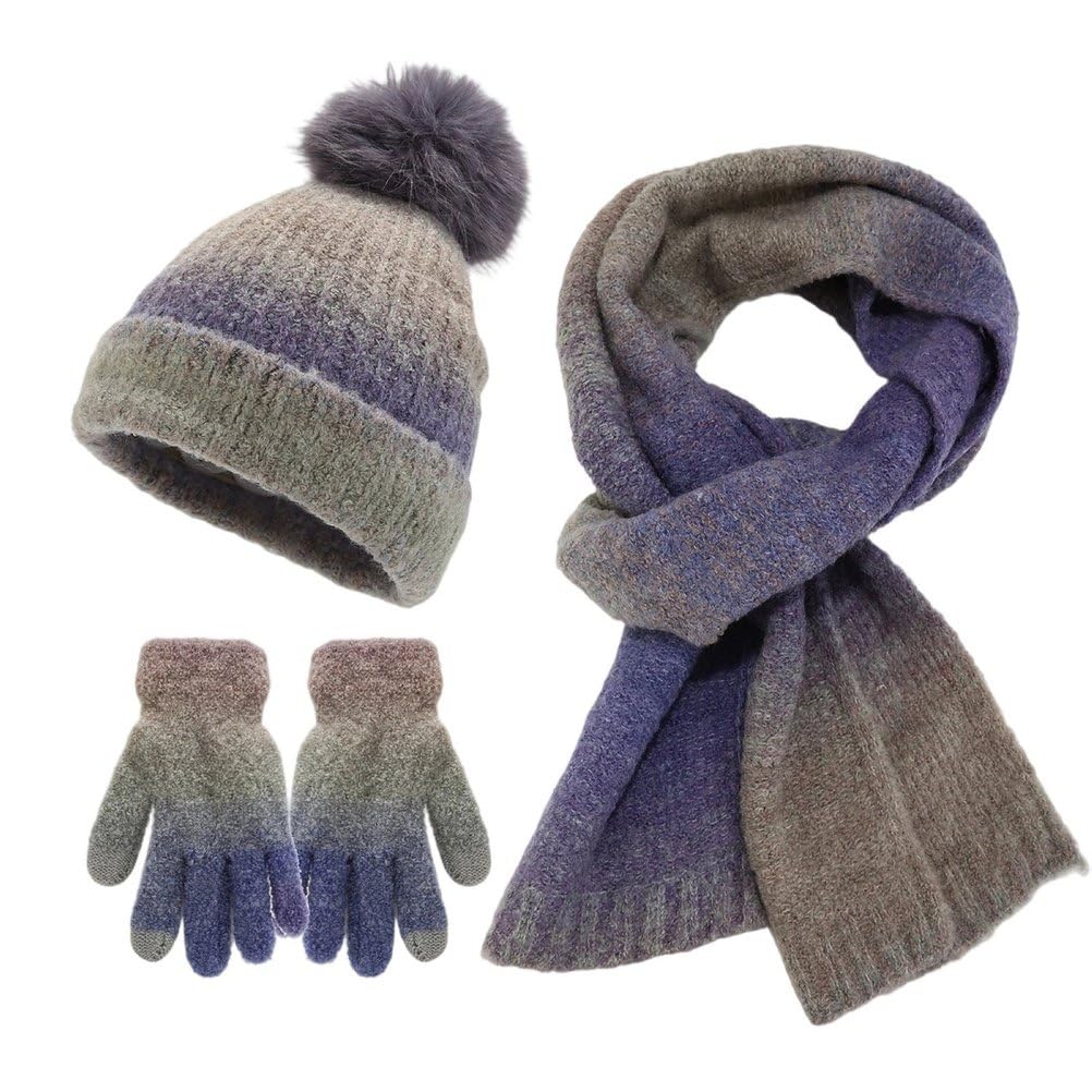 Donna Inverno Caldo Gradiente Pompon Beanie Cappello Touchscreen Guanti Lunga Maglia Sciarpa 3 in 1 Set,Viola