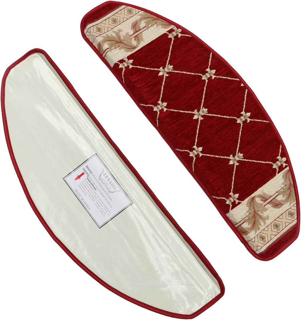 KEYAMA 1 Piece Acrylic High-Grade Sector Grid Bullnose Carpets Stair treads Free Tape Non-Slip Steps Stair mats treads Decorative Stair Rugs 9" W x 31" L Red (U)
