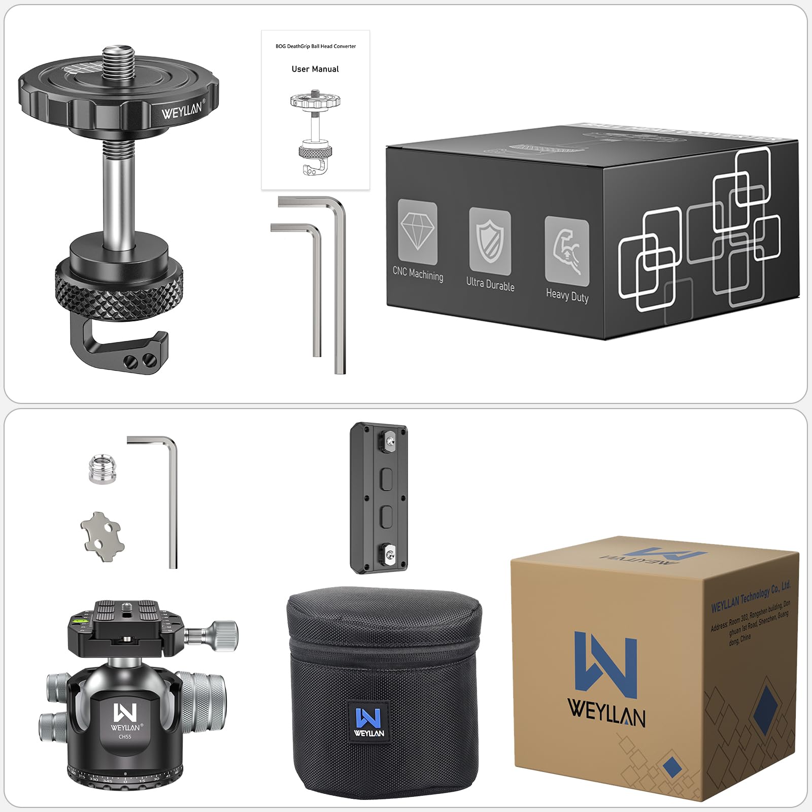 WEYLLAN BA5 & CH55 BOG DeathGrip Conversion Adapter Kit, Includere Adattatore di Conversione e 55mm Testa a Sfera, con Arca Rail M-lok, Compatibile Solo con il Treppiede BOG DeathGrip