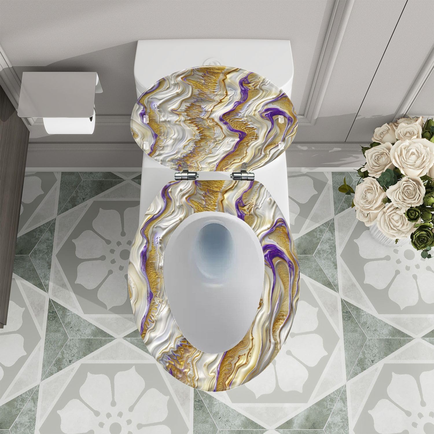 Elongated Toilet Seat White Marble Surface Gold Purple Veins Illustration Resin Toilet Seat Quietly Close Quick Release Hinges Decorative Toilet Seat with Cover Easy to Install