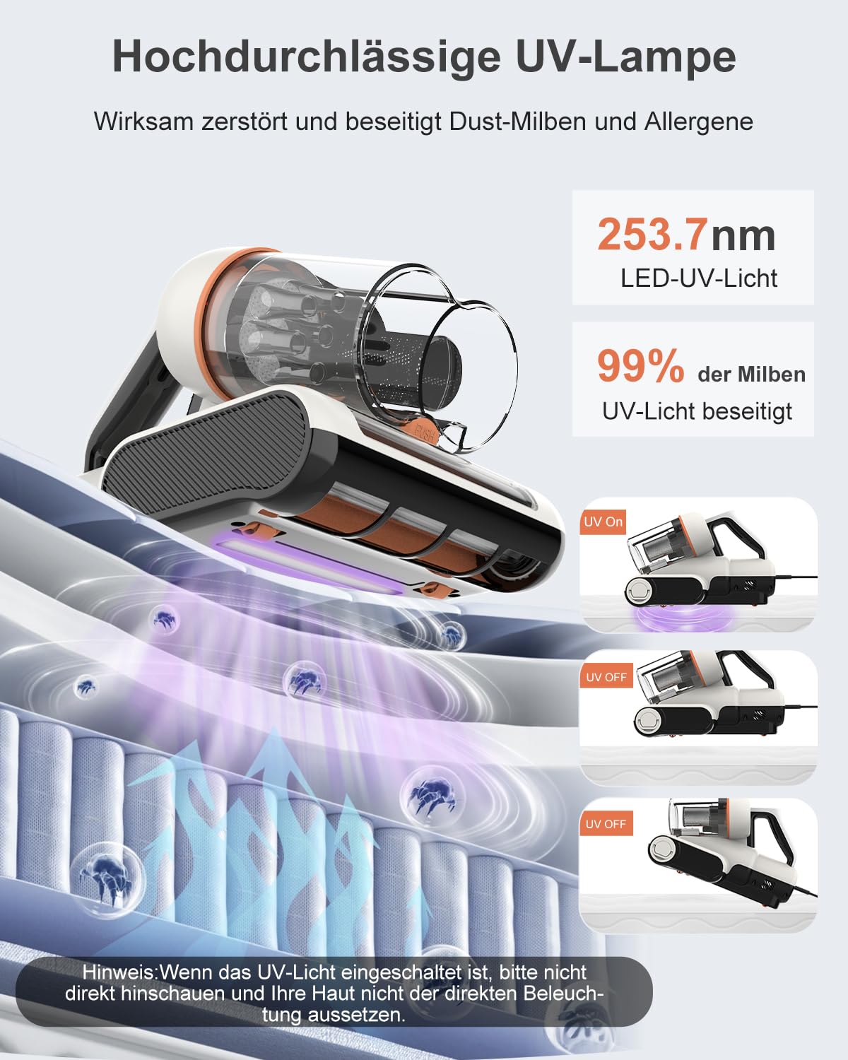 Bestauty Milbensauger für Matratzen, 2 Stufen 7-16 kPa 500W UV-Licht 55°C Heißlufttrocknung entfernt 99,9% Bakterien Allergene Staub-Milben