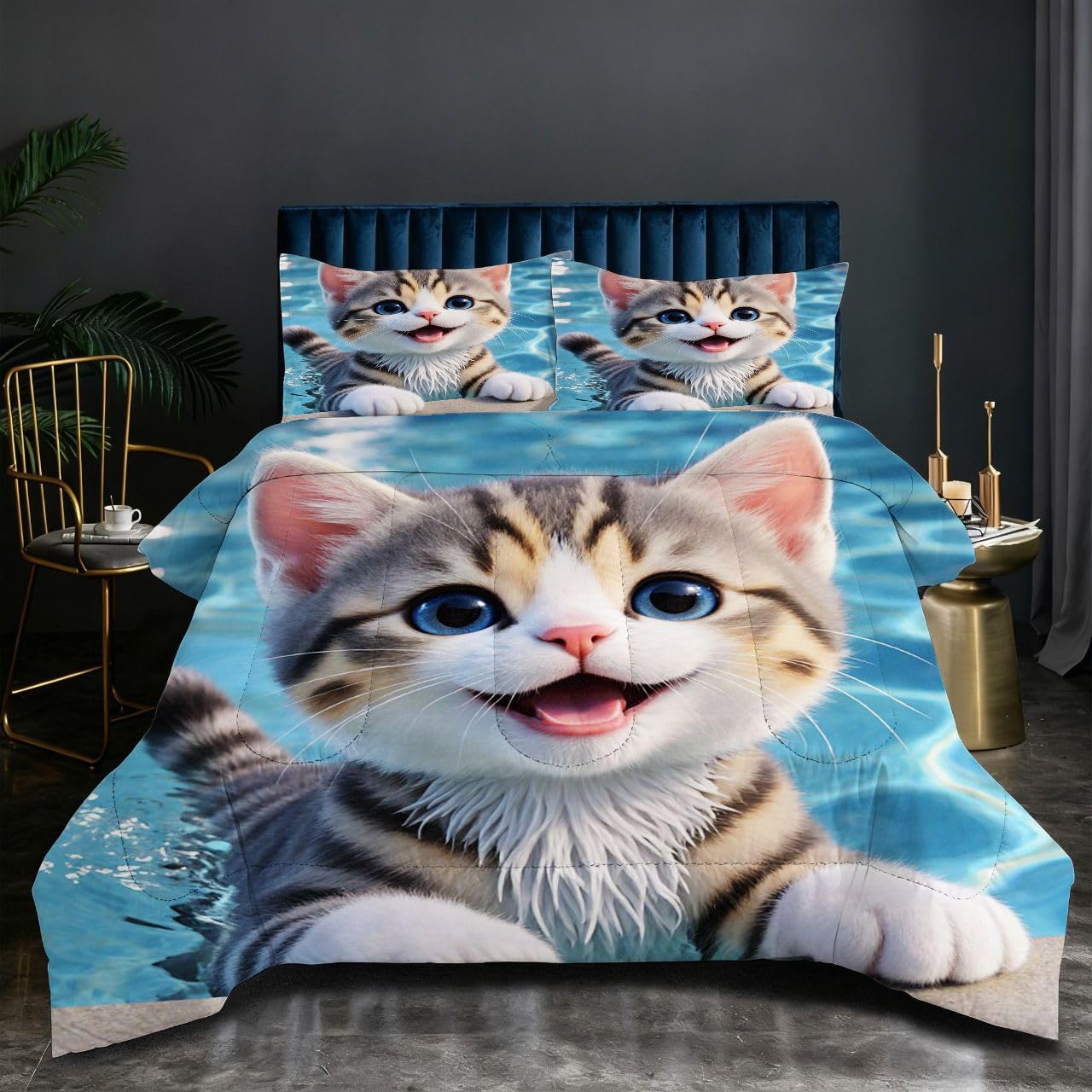 Parure couette 220x240 chat mignon microfibre coton lit O26 couverture mi-saison