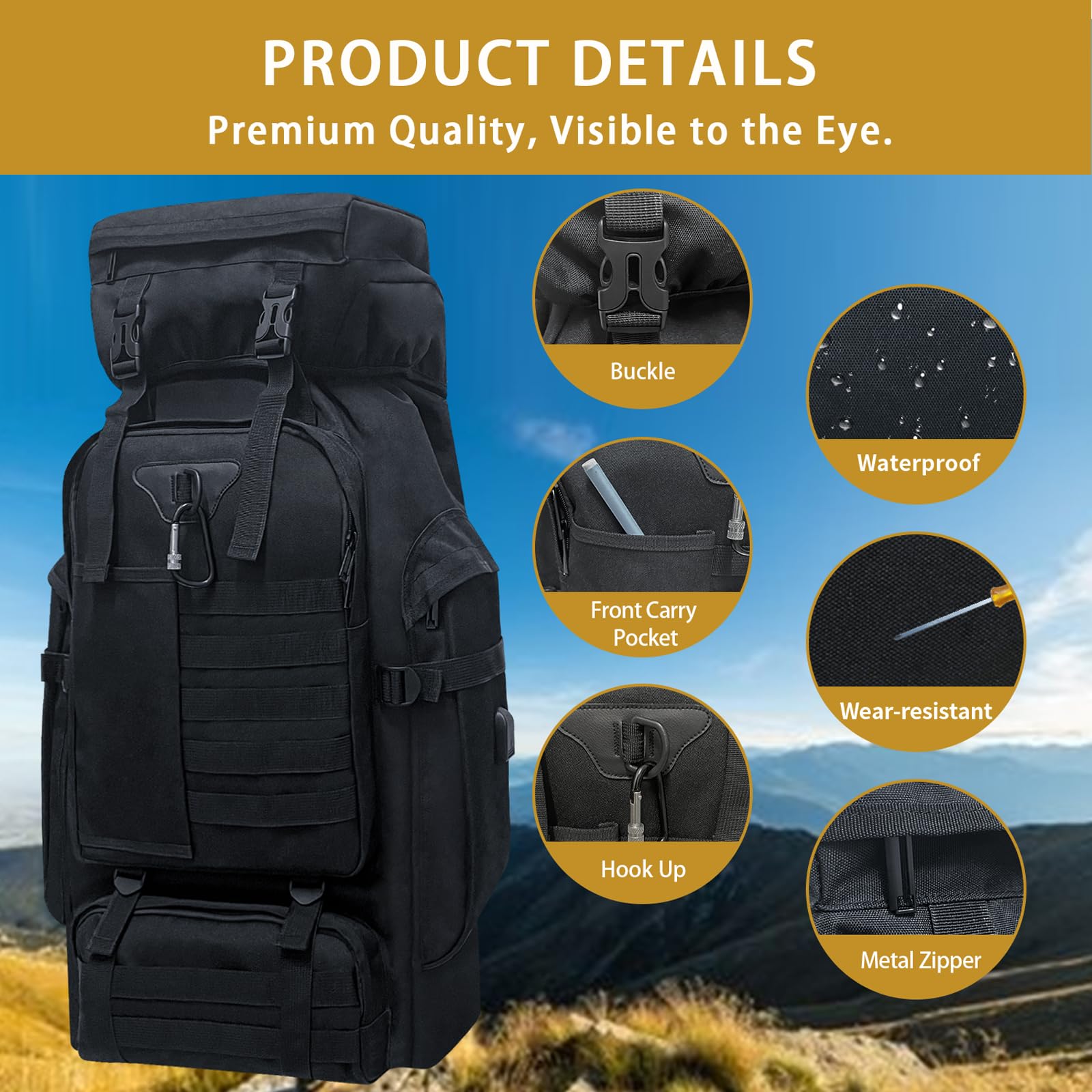 Sac à Dos de Randonnée de Camping 80L, Grand Sac à Dos Tactique Militaire, Sac à Dos De Voyage Étanche Avec Mousqueton Sac à Dos MOLLE Extérieur pour Hommes Femmes (Noir)