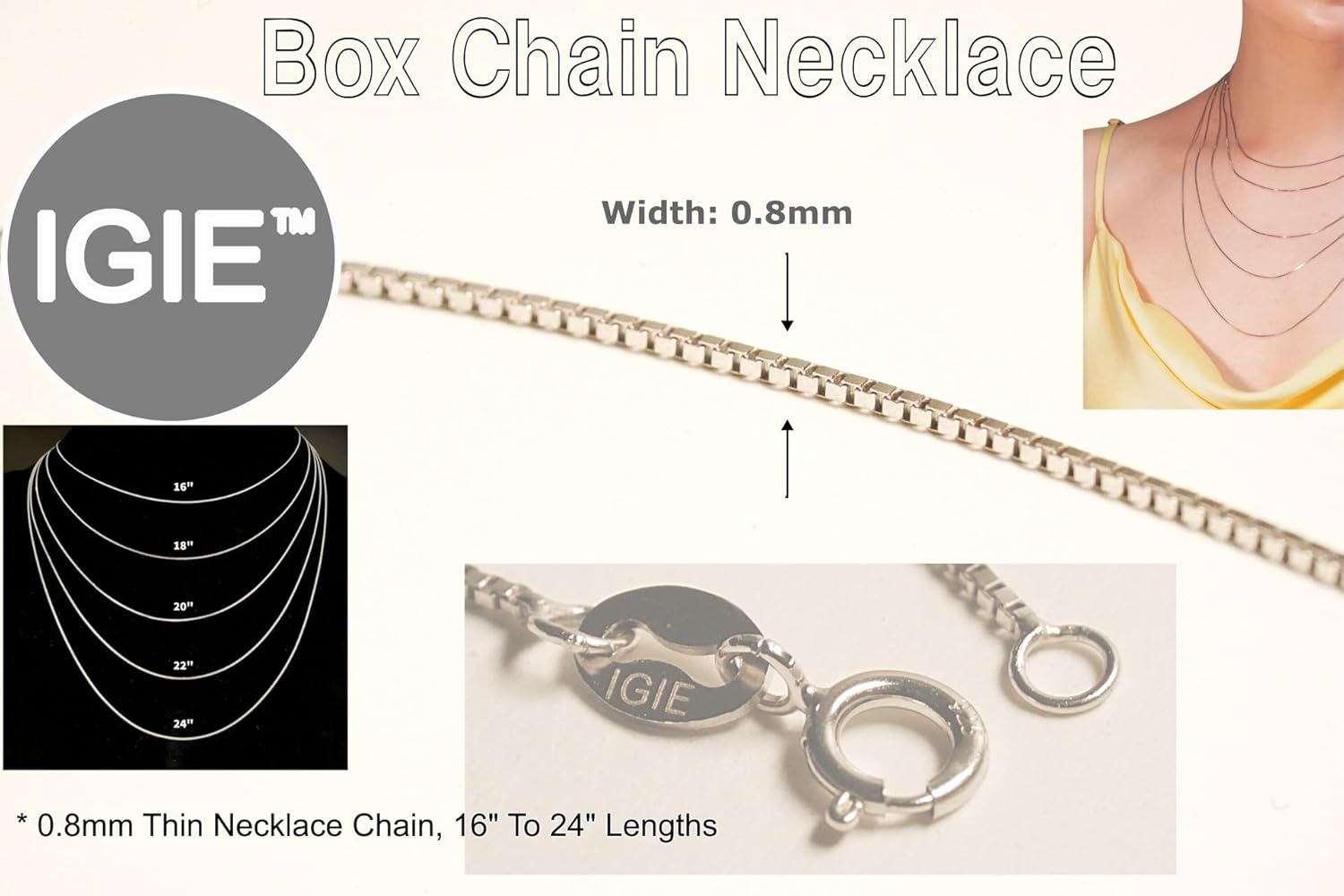 925 Sterling Silver Box Chain For Women, White Gold Plated, 0.8mm Thin Necklace Chain, 16" To 24" Lengths - Image 8