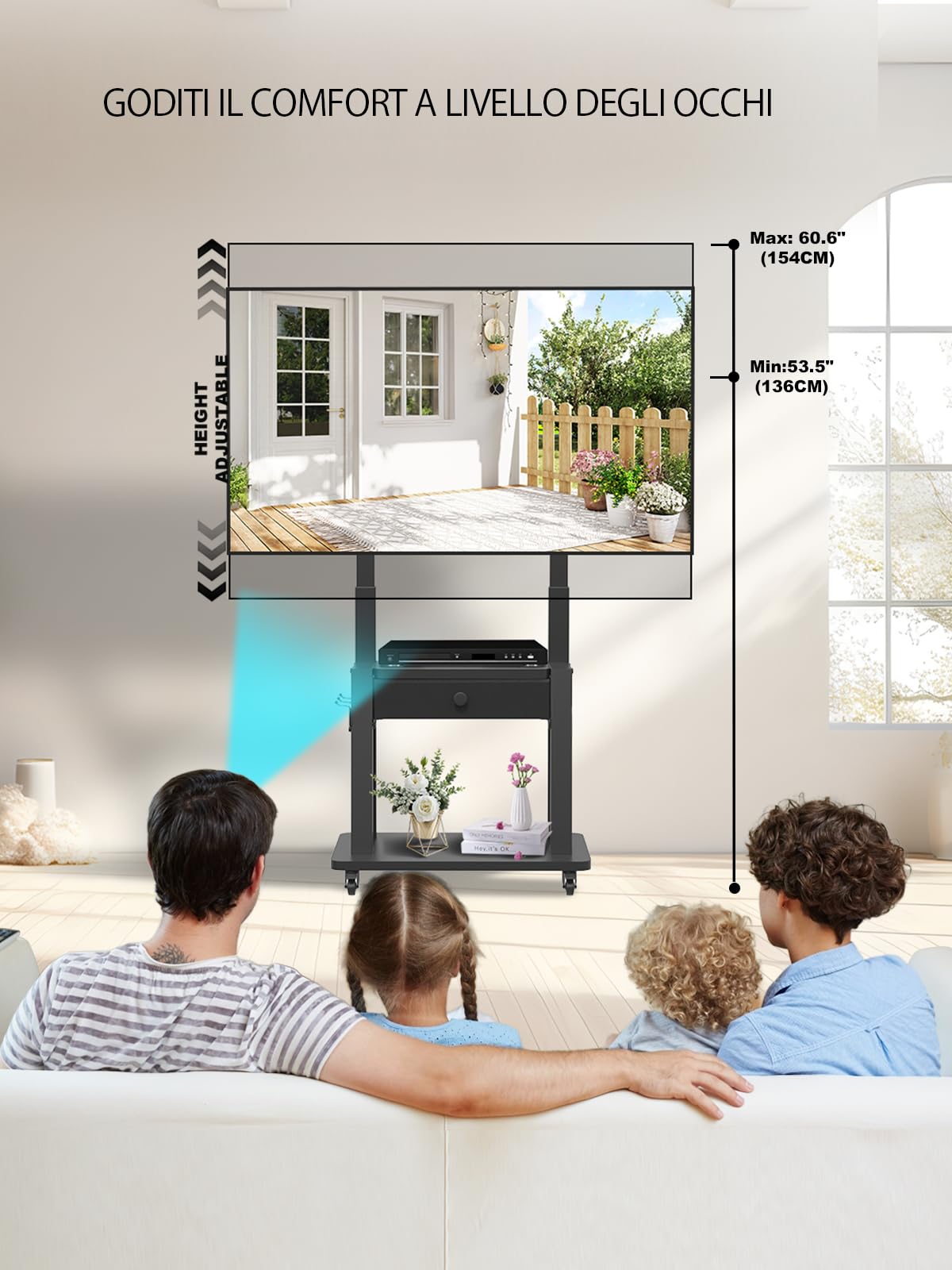 Supporto TV con cassetto in tessuto, per schermo piatto/curvo da 32"-75", fino a 200 libbre LCD/LED/OLED, carrello per TV mobile con ruote per casa ufficio all'aperto Max VESA 600 x 400 mm, nero