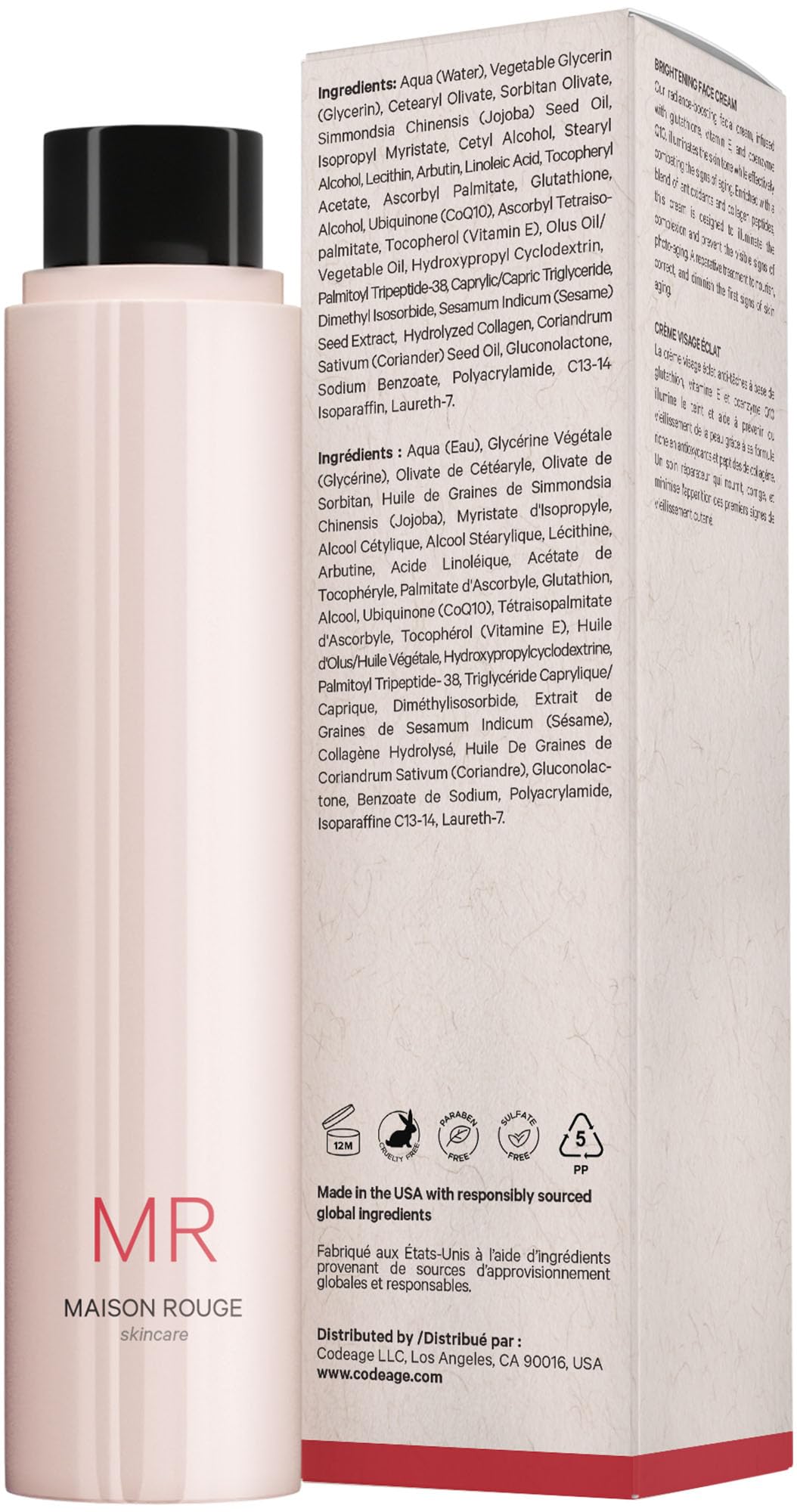 Amazon.com: Codeage Maison Rouge Brightening Face Cream Refill Glutathione  Cream, Collagen Peptides, Vitamin E, CoQ10  Radiance & Antioxidant Complex   Paraben and Sulfates Free  Skin Care - 1.7 fl oz :