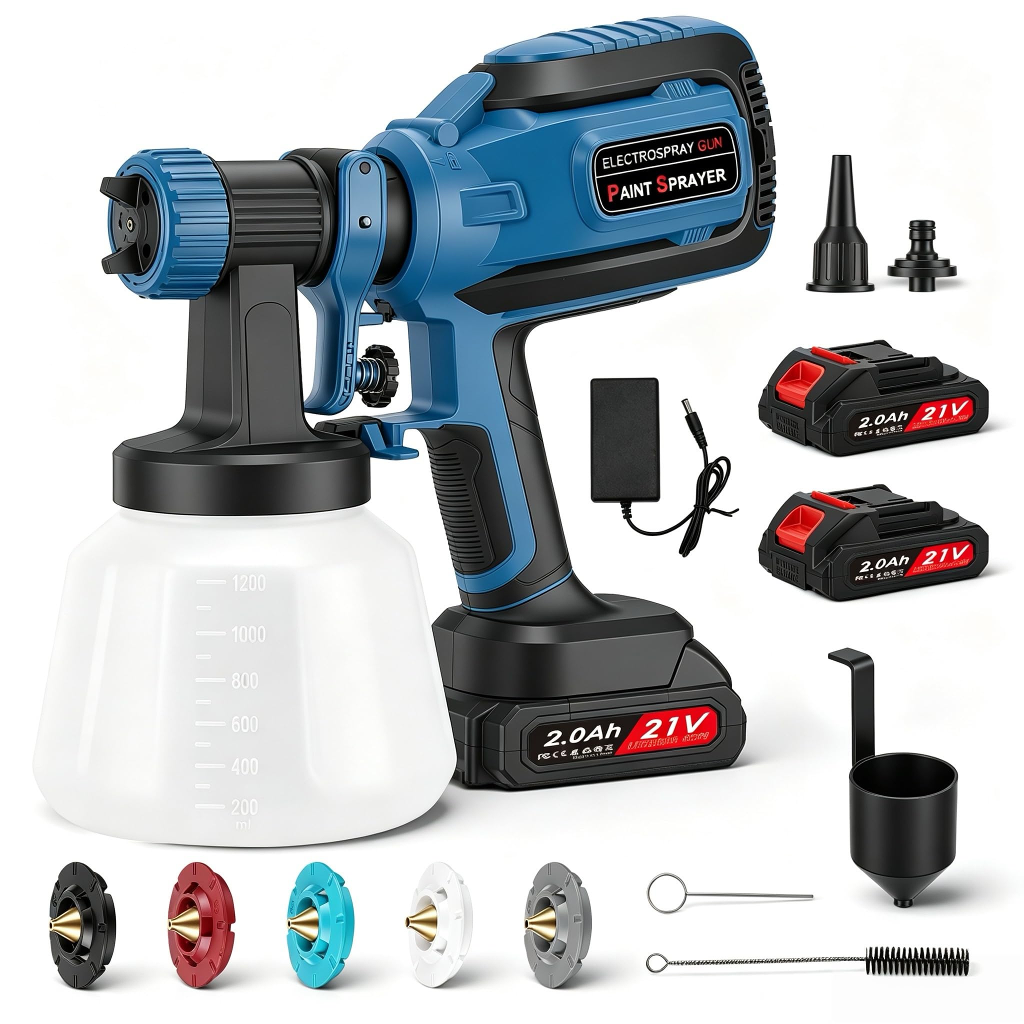 Akku Farbspritzpistole 21V, 800 ml/min HVLP Lackierpistole elektrisch mit 5 Düsen & 3 Sprühmustern, 1200 ml Behälter, 2X 2000mAh Akku – Ideal für Möbel, Zäune, Türen & DIY