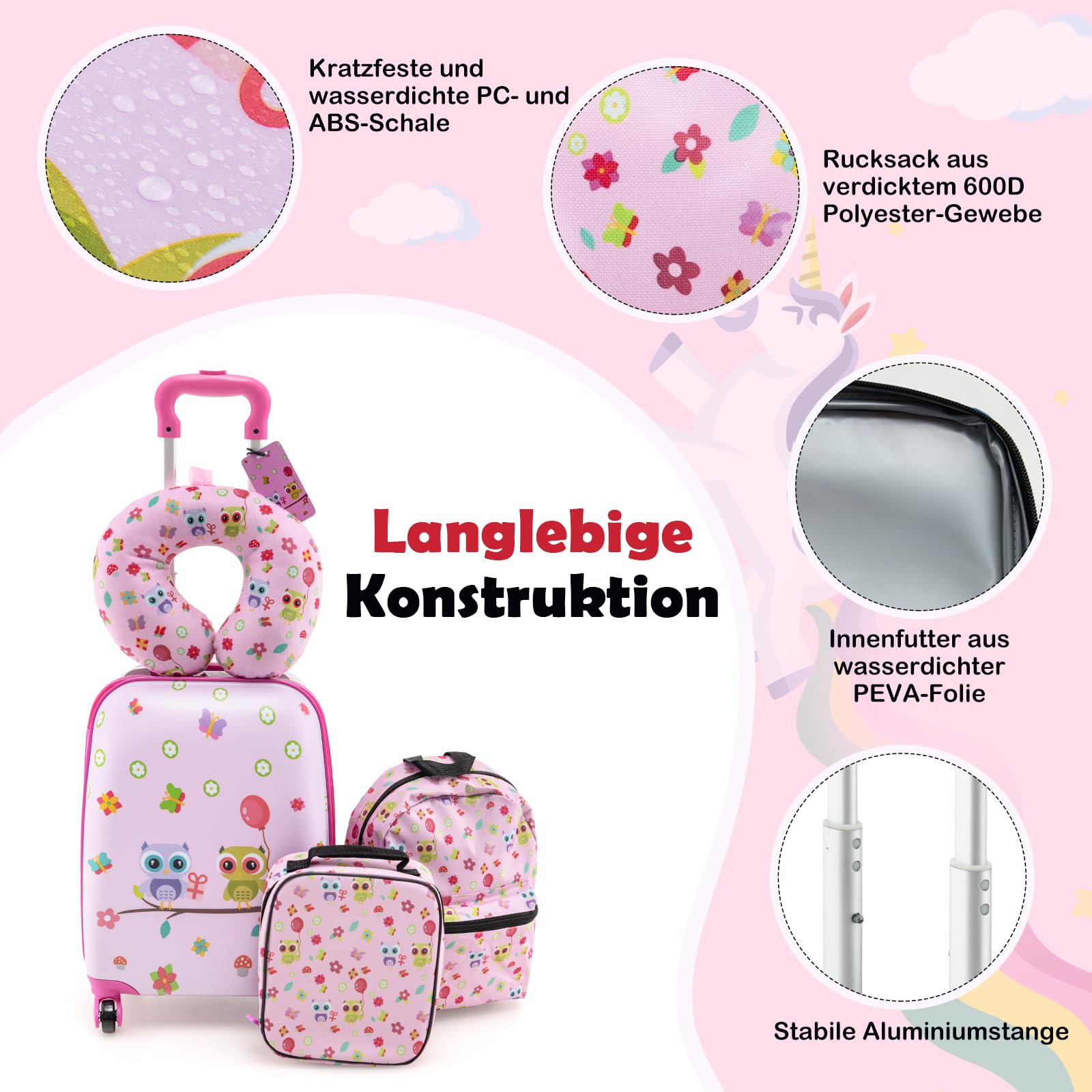 DREAMADE 5tlg Kinderkoffer Set, Kinder Reisekoffer mit Rucksack, Nackenkissen, Lunchtasche & Kofferanhänger, Reisetrolley mit Rollen für Kinder ab 3 Jahren, 30 x 23 x 46cm (Pink-Eule)