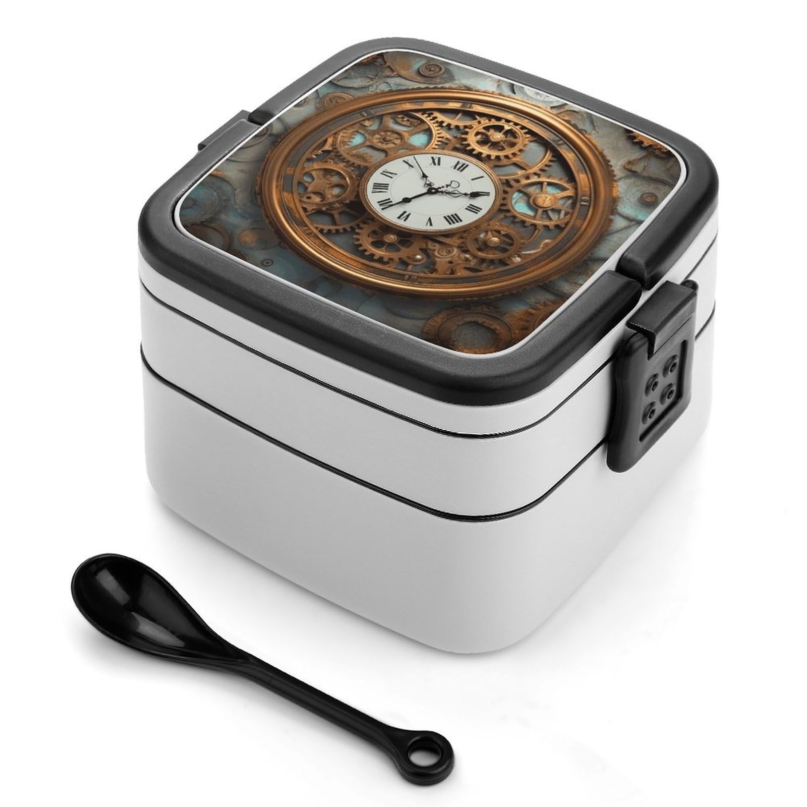 VstaDank Rusty Steampunk Clock Bento Box with Compartments Portable Lunch Containers with Spoon Leak Proof Bento Lunch Box Snap-On Design Double-Layer Insulated Lunch Boxes for Work Camping