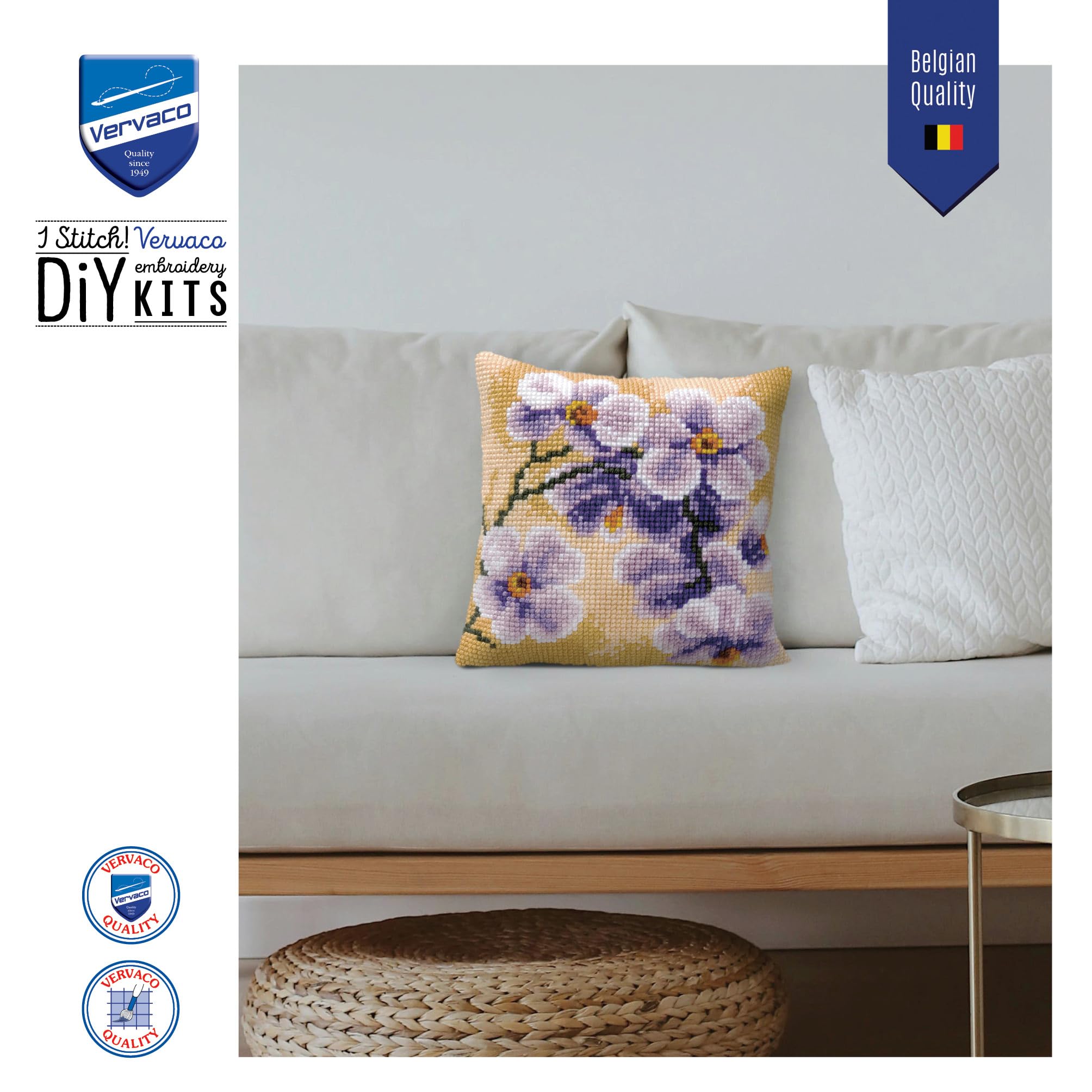 Vervaco Kreuzstich Stickpackungen Kissen Stickerei Set Anfänger Vorgedruckt Orchidee DIY Set Kreativ Set Für Erwachsene Dekoratives Kissen ca. 40 x 40 cm Bastelset Handwerker Haus Dekoration