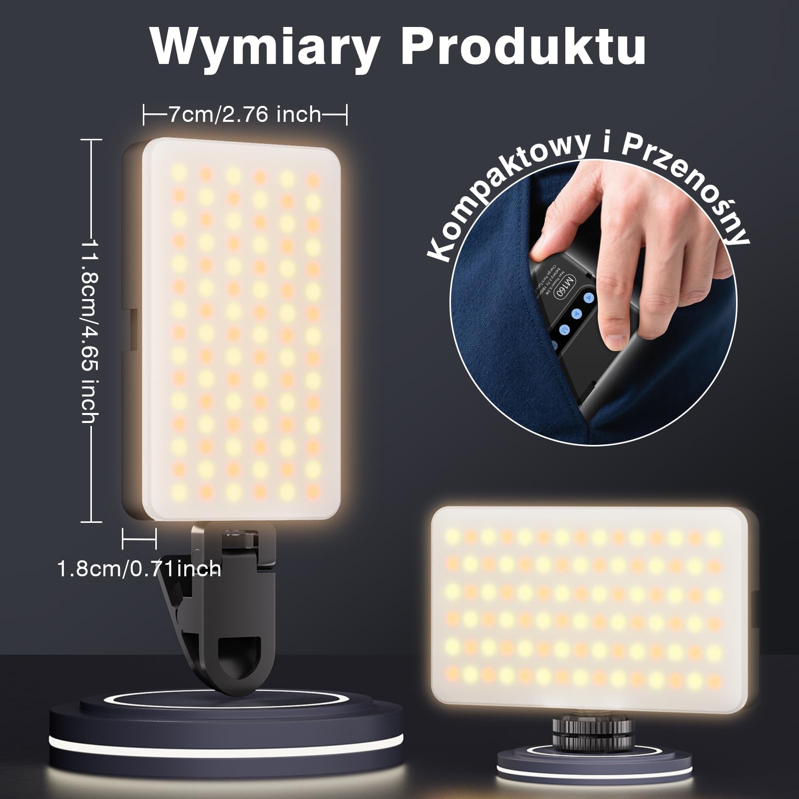 90 LED Przenośna Lampka do Selfie, CRI 95+ Akumulator Lampka Wypełniająca do Telefonu z Klipsem, Regulowane 3 tryby światła i 10 Poziomów Jasności do Telefonu, Laptopa, Aparatu