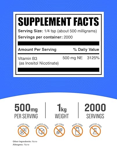 Miniatura 2 de BULKSUPPLEMENTS.COM Polvo de niacina sin enjuague - Suplemento de vitamina B3, nicotinato de inositol, niacina 500 mg sin enjuague - 500 mg de