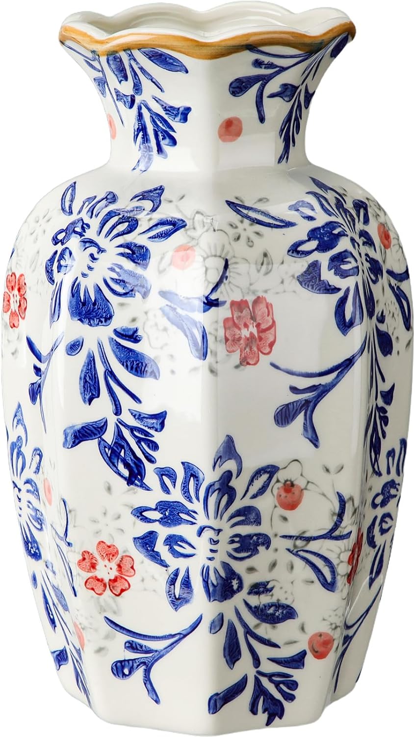 LemonRoad 9.5 Inch Vintage Ceramic Vase Chinoiserie Blue and White Flower Vase Porcelain Decorative Antique for Living Room Kitchen Bedroom Decor Table Centerpiece