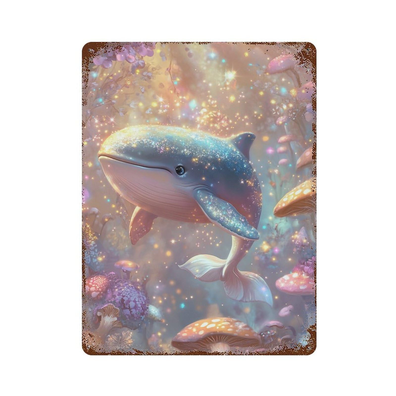 Rustic Tin Plaque with Magical Whales in Fantasy Forest Design 15.7"x11.8", for Pub, Kitchen And Man Cave Decor, Old School Wall Decor