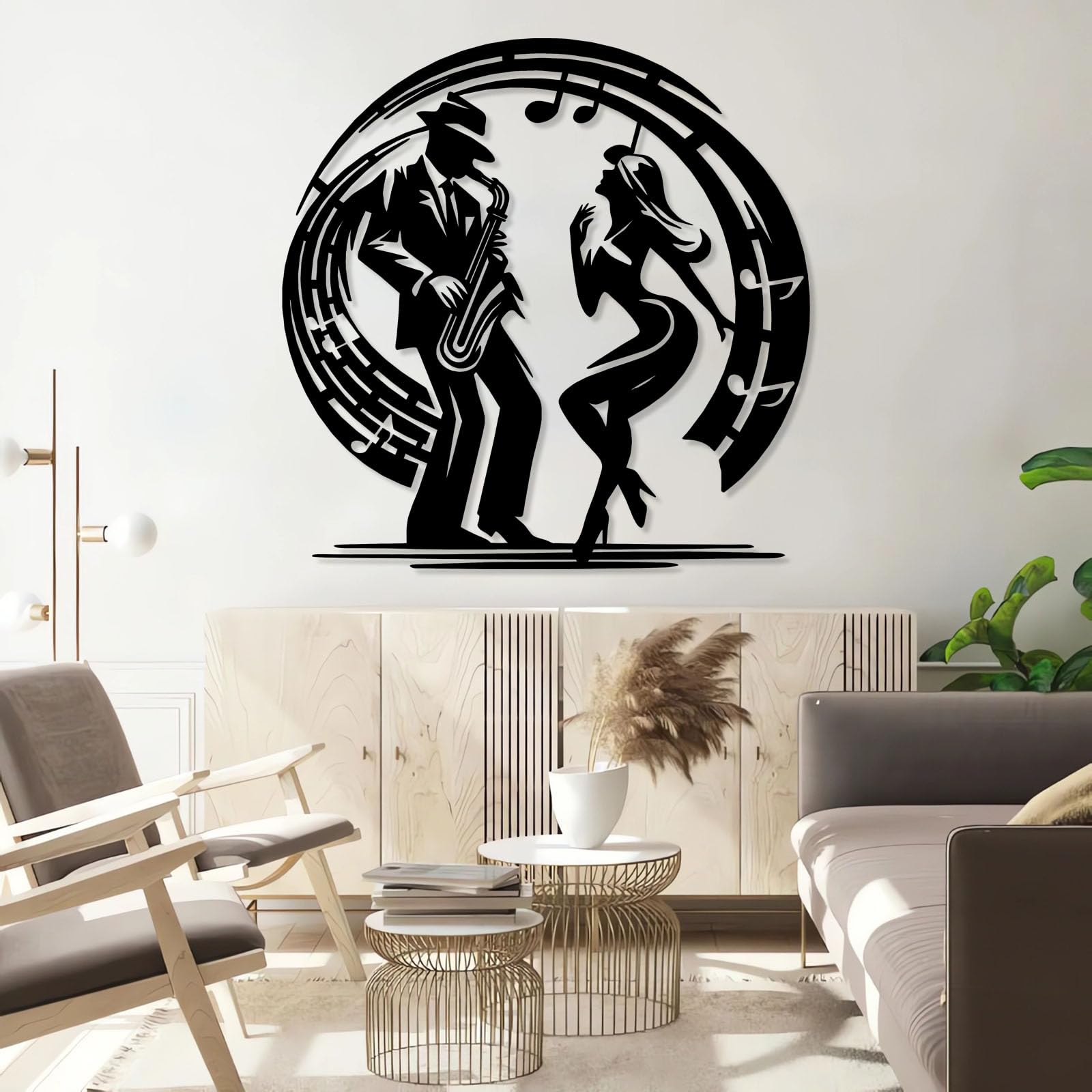 Generico Decoración de pared abstracta contemporánea de Metal con temática de pareja y música Jazz, Arte Musical, escultura clásica única, Regalo para enamorados (Blanco, 70x70 cm).