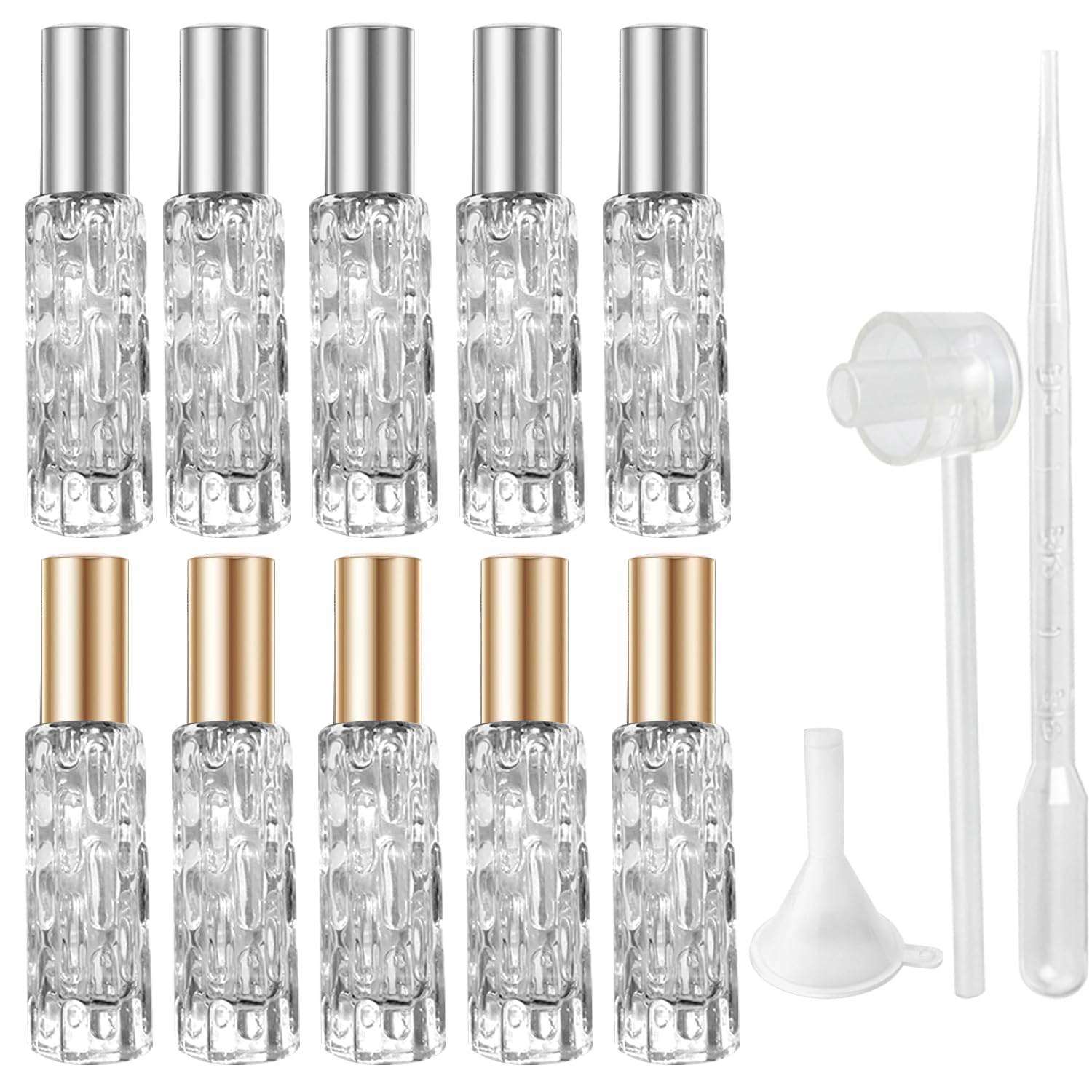 perfume atomiser 10ml, 10 pcs refillable perfume travel bottle with funnel dispenser, portable textured glass spray bottle with fine mist for women and men travel