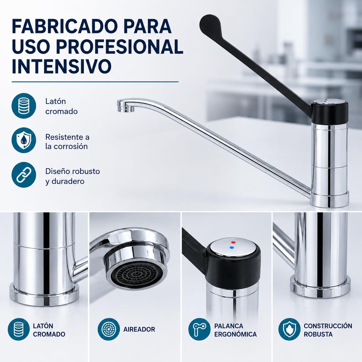 GOLDMAN SERVICE | Grifo de Codo Gerontológico Monomando, Palanca Larga 30 cm, Caño 360°, Grifo Sanitario e Higiénico para Hospitales, Clínicas, Laboratorios y Cocina Profesional