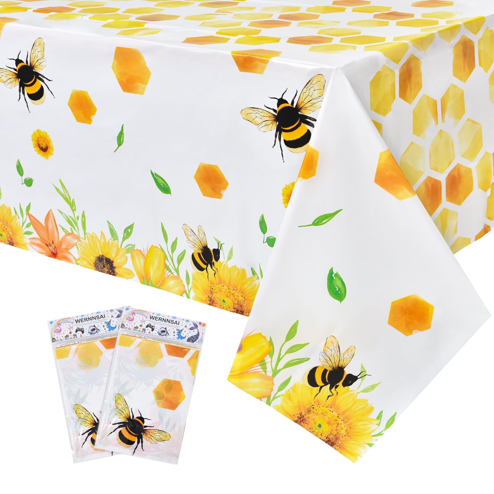 WERNNSAI Bee Tablecloth - 2 Pack 108'' X 54'' Bee Birthday Party Decorations Happybee Day Tablecloths Disposable Plastic Table Cover Yellow Sunflow