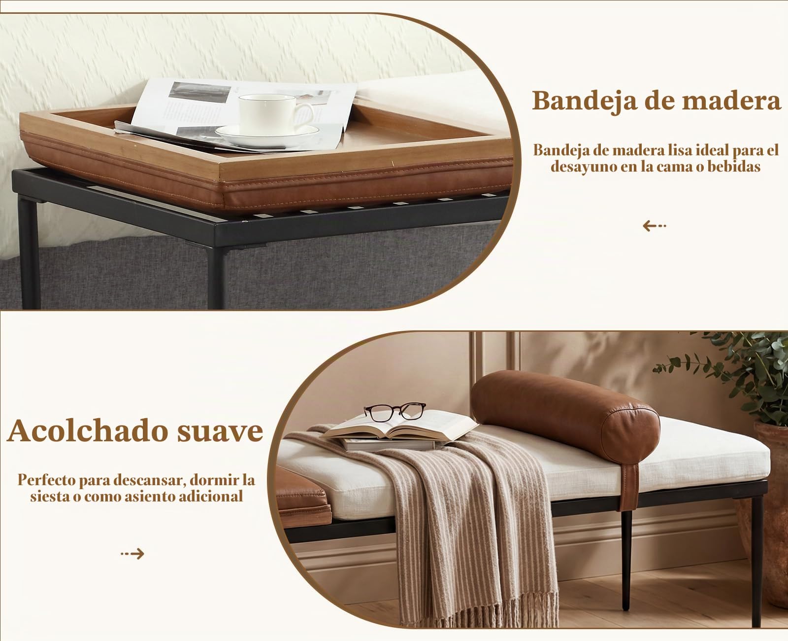 Ya-Home Banco Pie de Cama Daybed de Chenille 140x55x47 cm, Marrón | PU Cuero+Chenille,Estructura de Metal, Cojín Cilíndrico, Bandeja de Madera, Ideal para Dormitorio y Salón