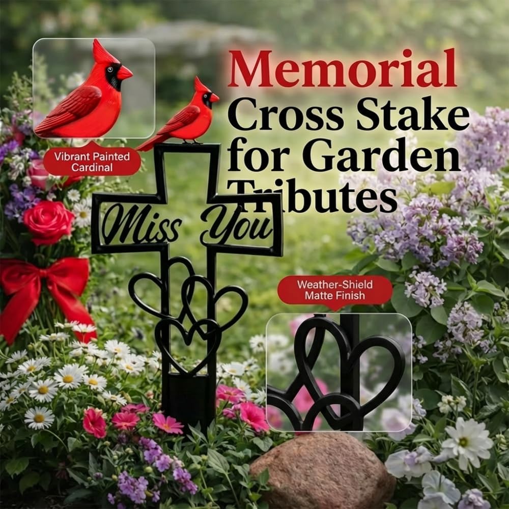 Metal Cemetery Memorial Plaque for Remembrance, 2026 New Cardinal Grave Marker, Cross Garden Stake for Cemetery and Memorial Garden, Sympathy Grave Ornament for Family and Comrades（1 PCS）