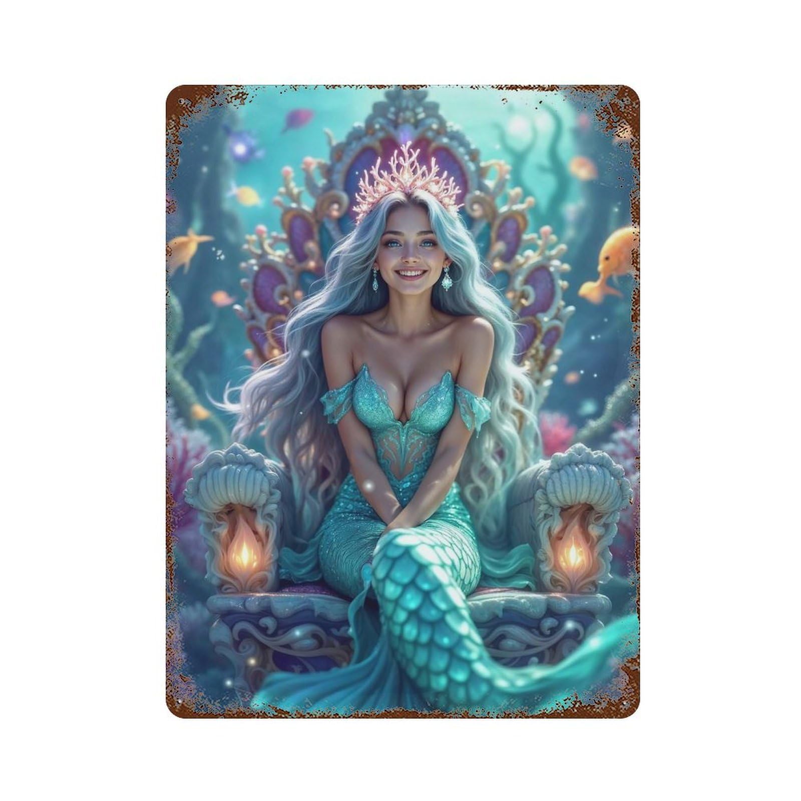 Mermaid Queen on Throne Rust Effect Tin Sign 15.7"x11.8", Retro Wall Decor for Pub, Kitchen And Man Cave Decor