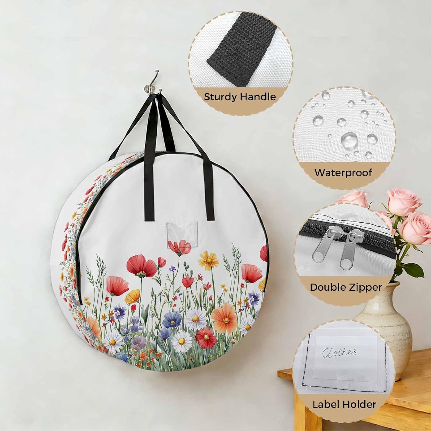 Farmhouse Floral Round Storage Bag 24 Inch, Nature Colorful Wildflower Spring Botanical Clothes Storage Container with Handles Heavy Duty Organizer for Comforter, Bedding & Holiday Wreaths