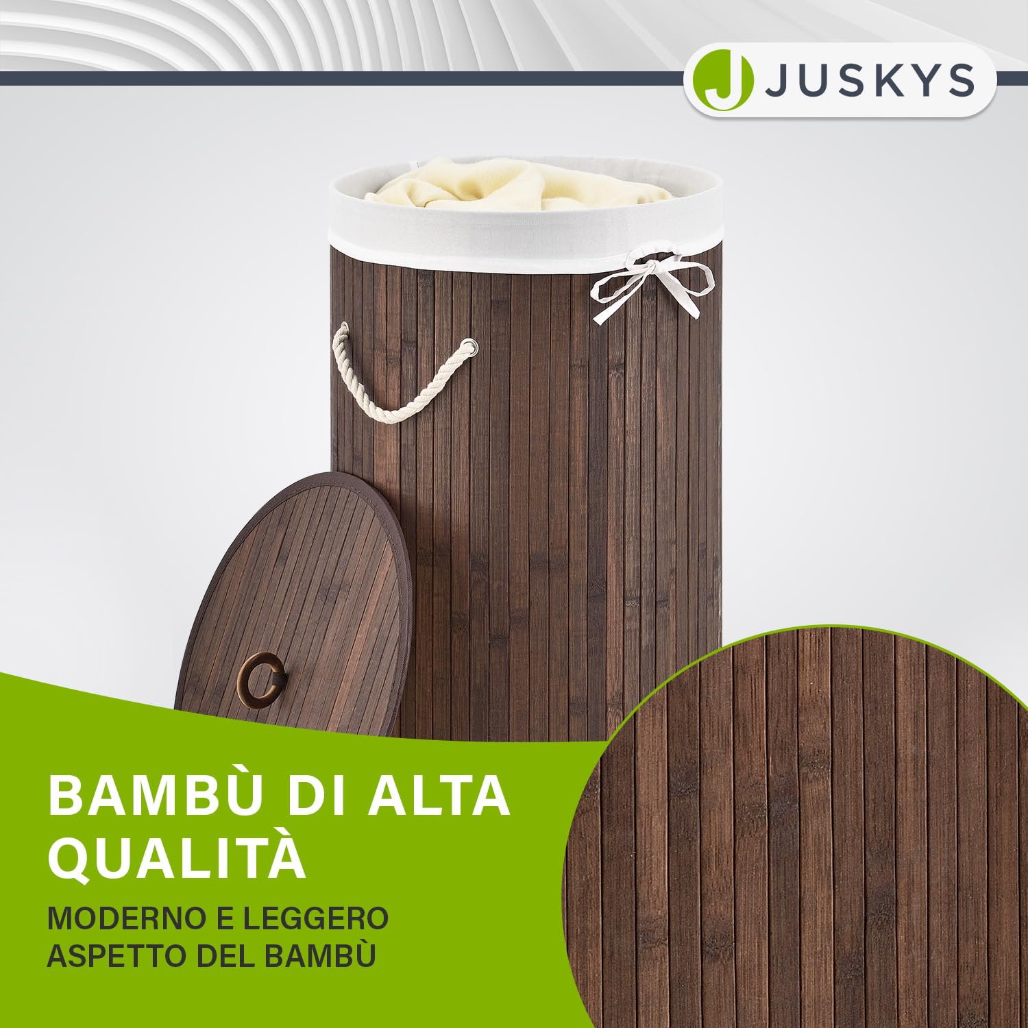 Juskys Cesto da bucato in bambù Curly-Round - capacità 55 litri - Cestino da biancheria con coperchio, maniglie di trasporto e sacca in tessuto - Cesto biancheria a 1 scomparto - marrone