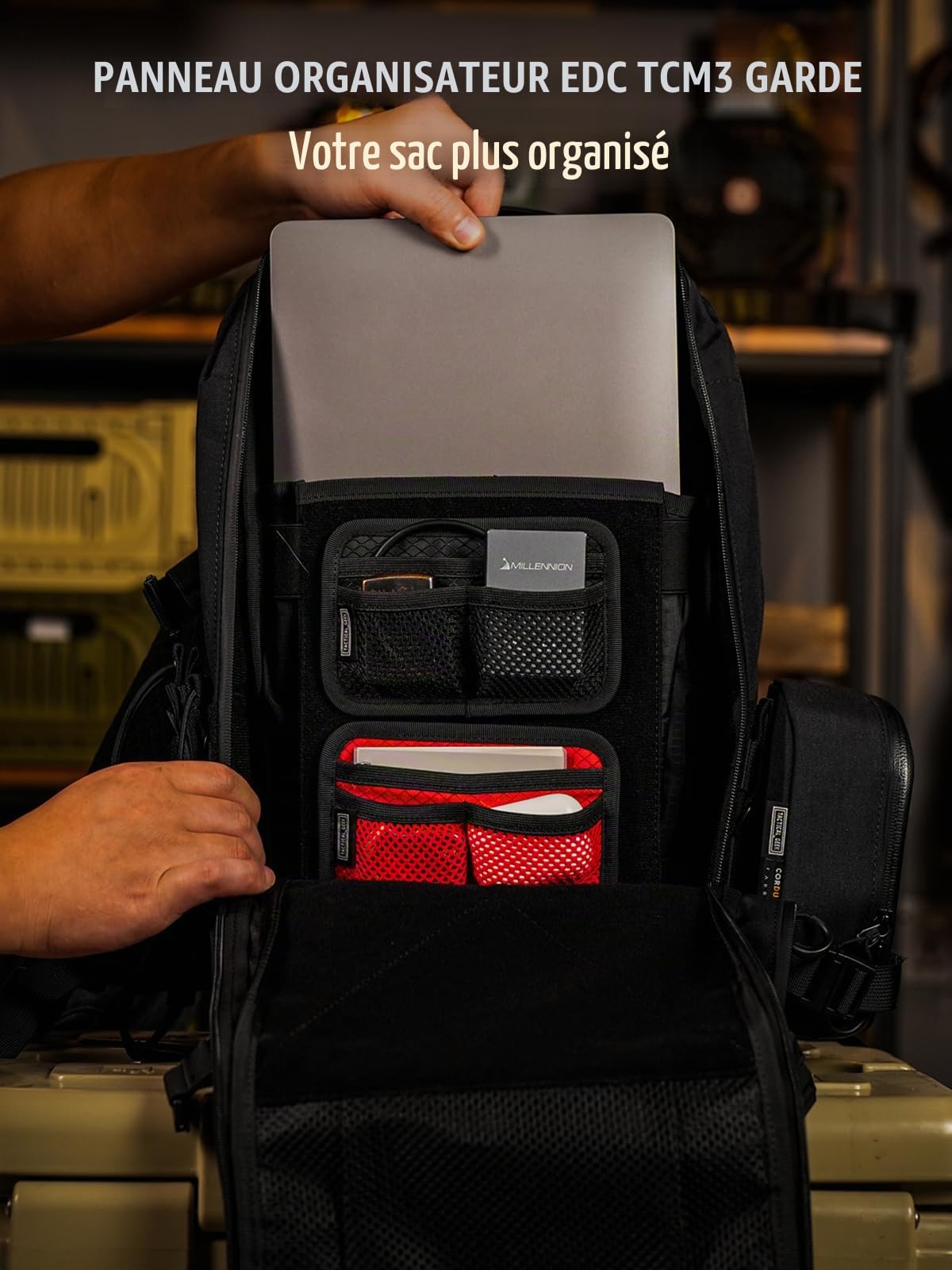 TACTICAL GEEK TCM3 Mini Tableau Organisateur EDC, Accessoires De Sac À Dos avec Poche Ouverte & Poche en Maille, Panneau D'insertion avec Crochet Et Boucle Modulaires pour Transport Quotidien, Noir