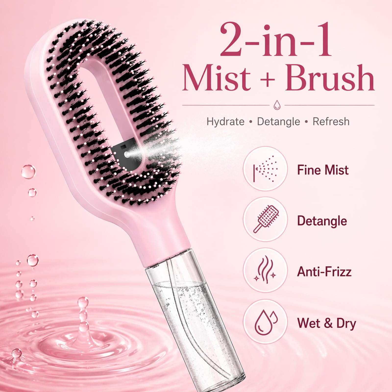 2-in-1 Misting Haarbürste mit eingebautem Wasserspray, entwirrende nasse & trockene Haarbürste für lockiges/dickes Haar & Kinder, feiner Nebel Sprüher, nachfüllbares Reservoir, Anti-Frizz Portable