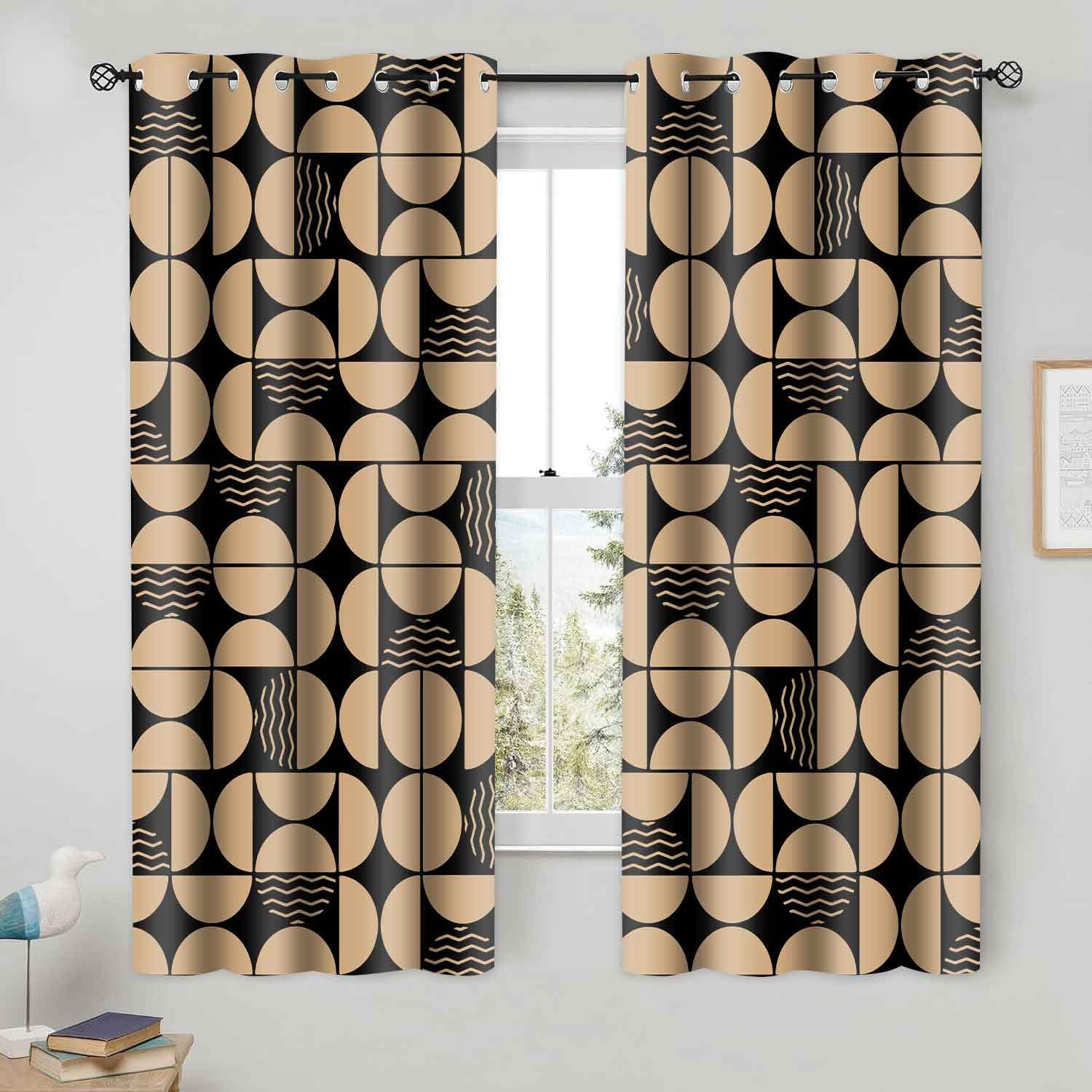AHBEWIN Farmhouse Black Abstract Living Room Curtains, Mid Century Boho Geometric Modern Blackout Curtain 63 Inches Long 2 Panels Semicircle Retro