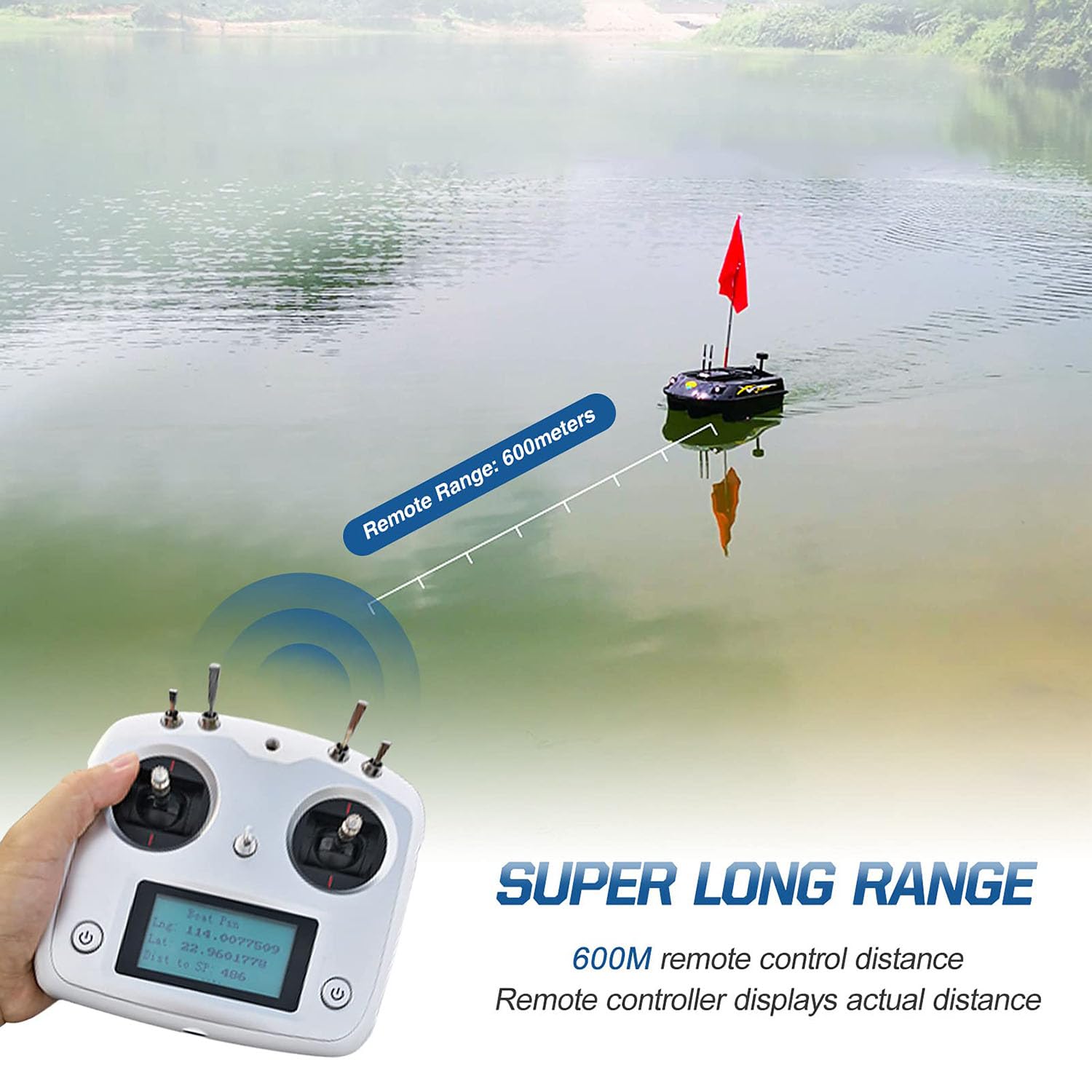Fishfinder visivo per barca da pesca con esca GPS 2 in 1, barca da pesca RC automatica da 600 m con 4 contenitori per esche e carico massimo 8 kg, barca con esca marittima con crociera automatica e