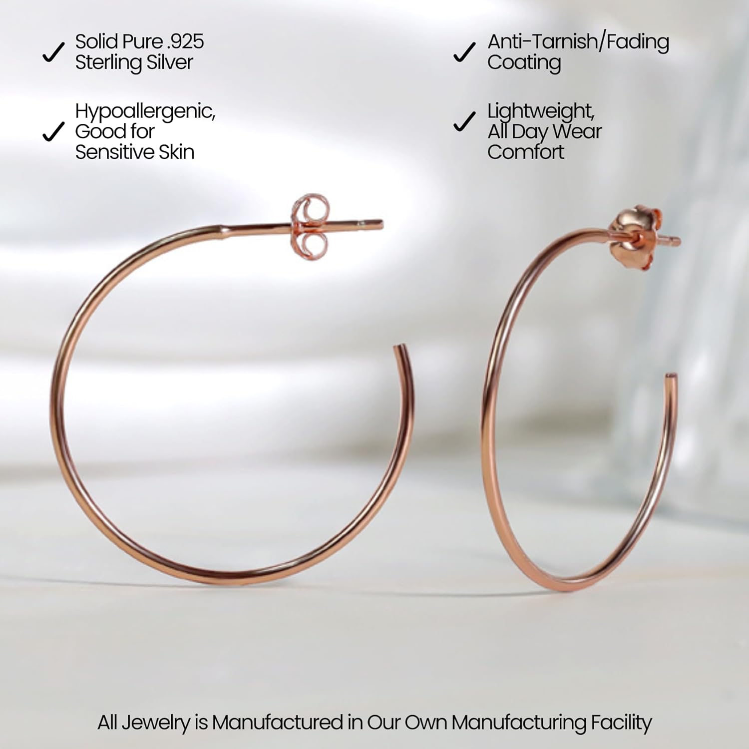 Hoops & Loops 925 Sterling Silver Open 1.5mm Thin Polished Round C-Hoop Earrings for Women, Silver, Yellow, Rose Gold, Black 15mm-40mm - Image 3