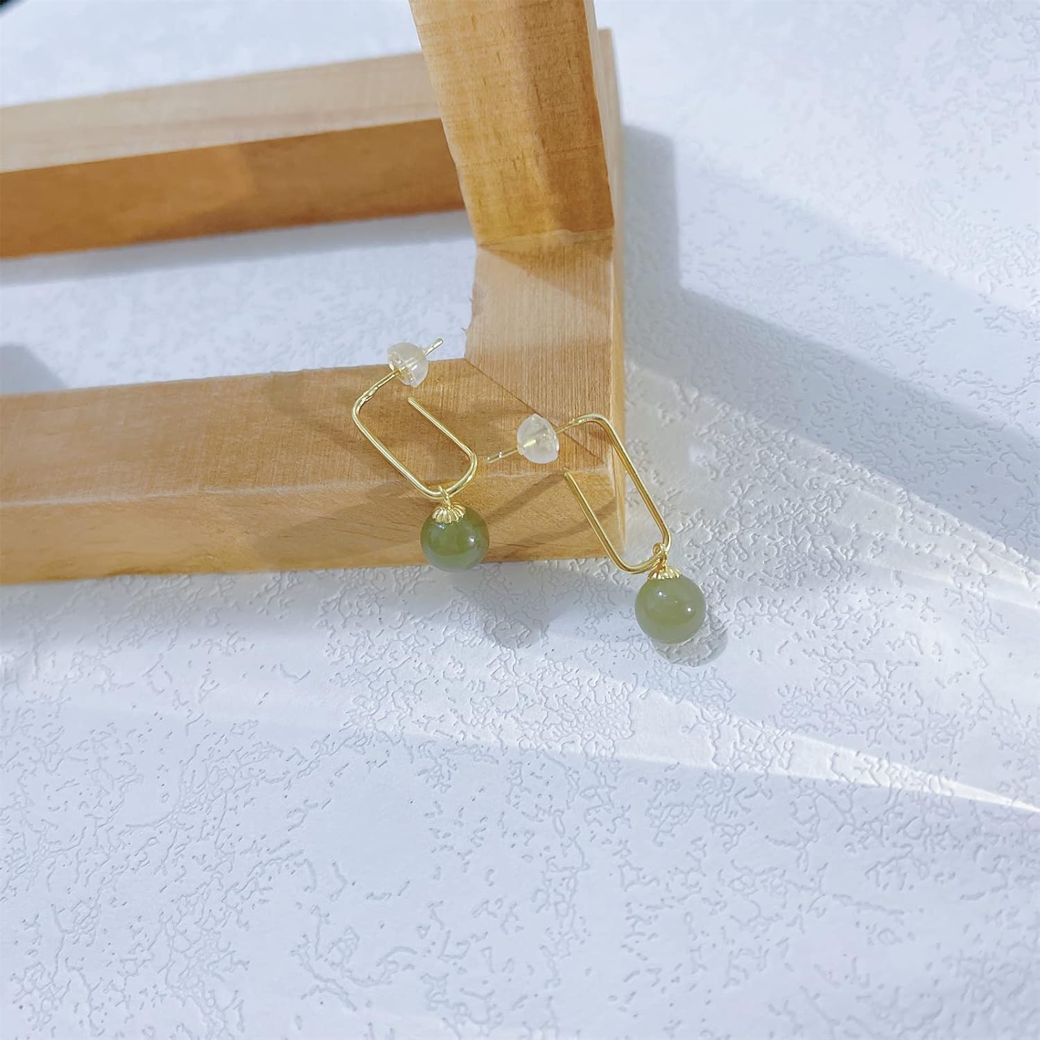 Natural Hetian Jade Earrings for Women, Lucky Green Jade Beaded Ear Jewelry Studs, Handmade Ear Stud Earrings Hoop Earrings Gift for Mom Lover Her (925 Sterling Silver with Gold Plated)
