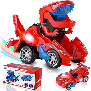 DxxD Dinosaurios Juguetes Niños 3 4 5 6 años, Coche Transformador Dinosaurio, Transformable Automático Juguetes con Luce y Sonido, Juguete Dducativos Cumpleaños Regalos para Niños Niñas Bebé, Rojo