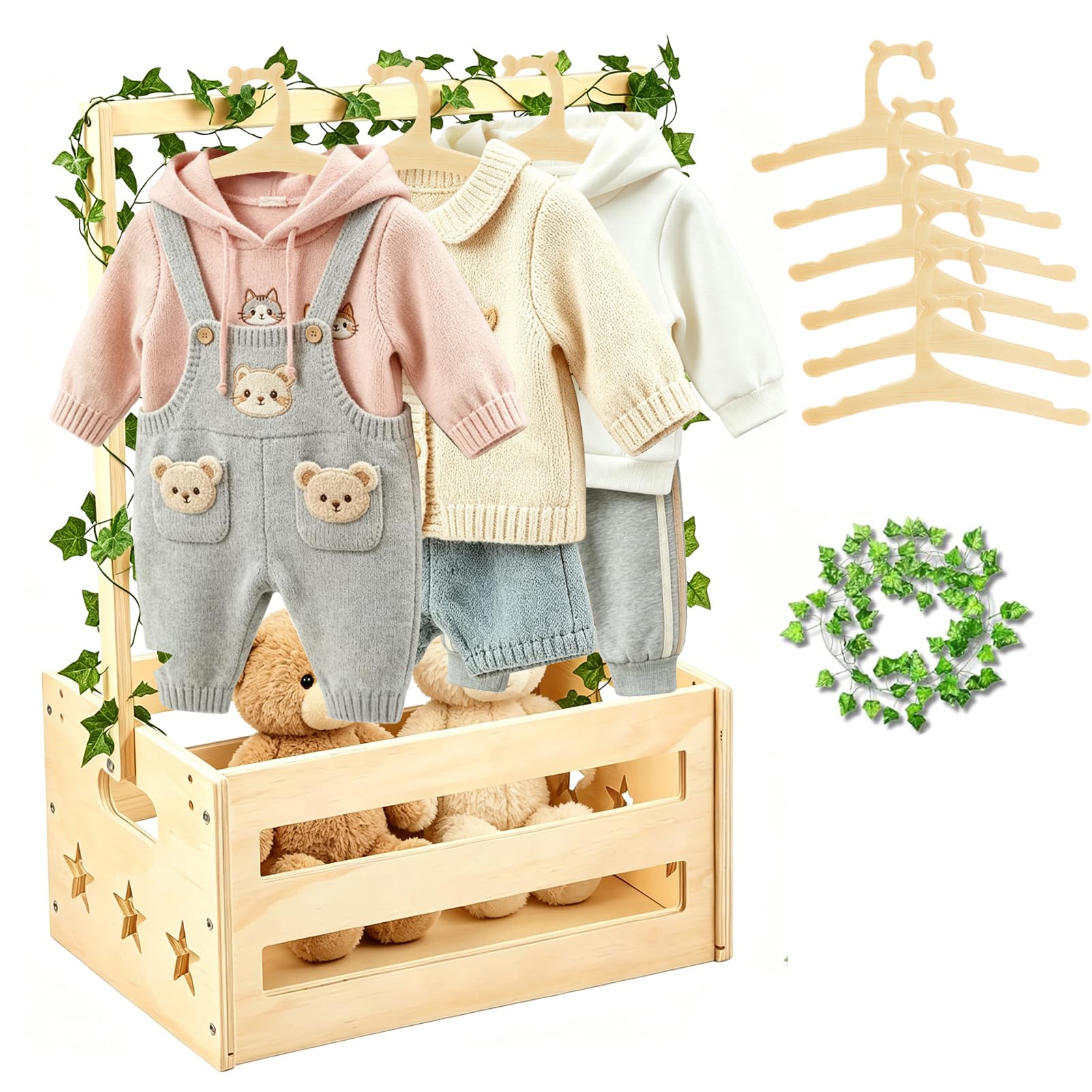 Twshiny Baby Shower Crate, Wooden Baby Shower Hamper Basket Baby Shower Clothes Rack with Hangers Baby Gifts for New Born Baby Girl Boy (Star)