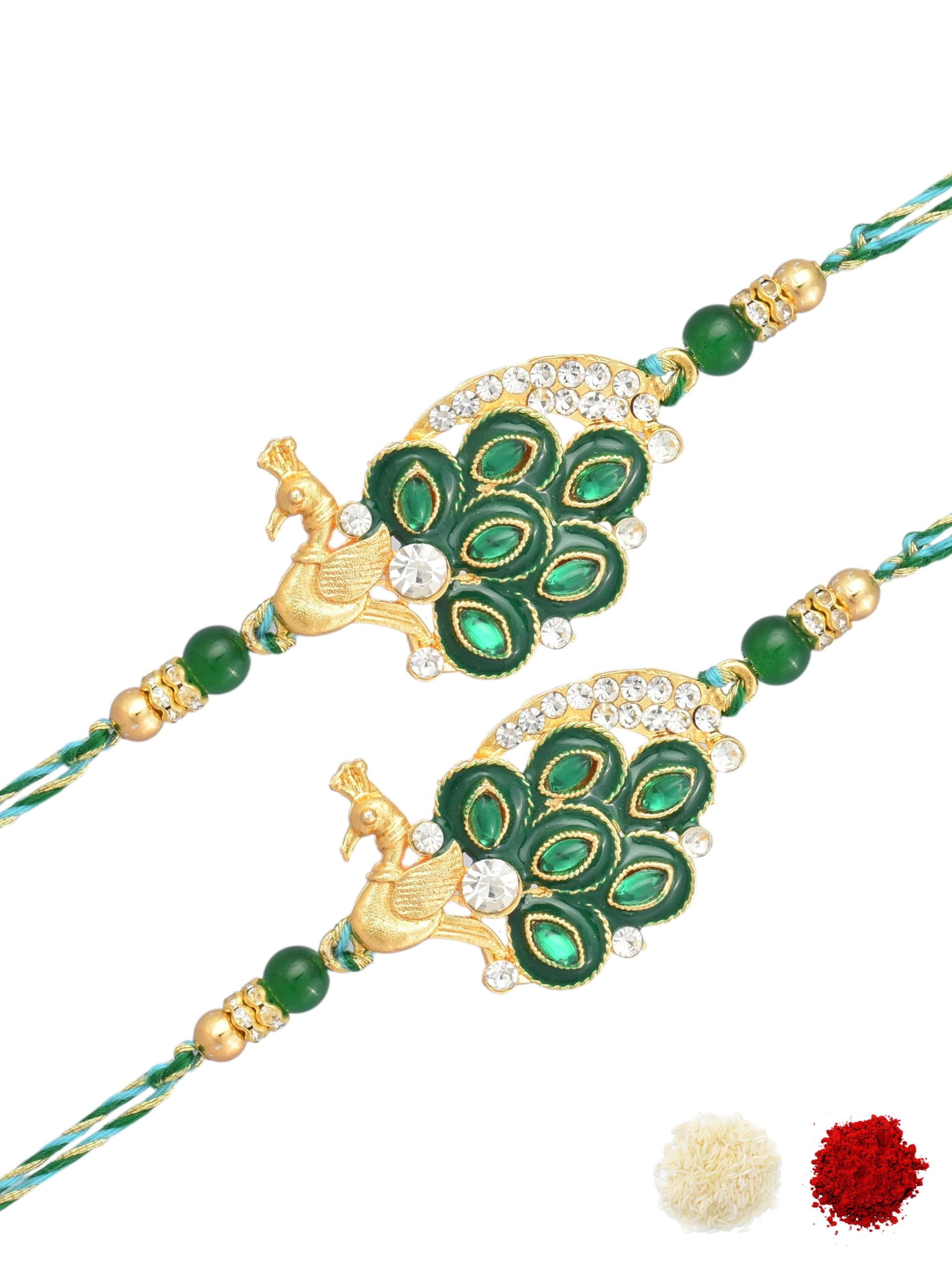 Emerald Green Premium AD Studded Peacock Design Gold Plated Traditional Beaded Pack of 2 Festive Rakhi for Brothers, Bhaiya, Bhai, with Roli Chawal & Greeting Cad for Raksha Bandhan-11-image-13