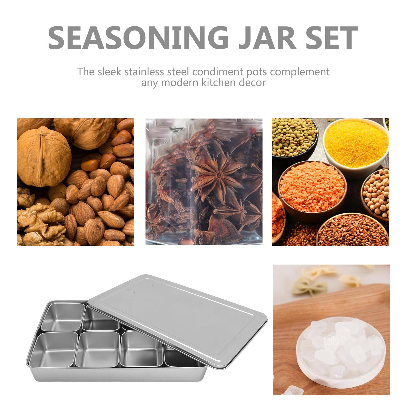 PRETYZOOM Organizador de Condimentos de Acero Inoxidable 8 Compartimentos Extraíbles y Tapa, Caja para Almacenamiento de Especias en Encimera de Cocina Moderna y Elegante