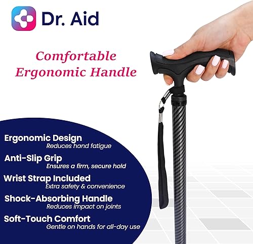 Miniatura 5 de Dr. Aid Tripod and fourpod Walking Cane for Men & Women Premium Carbon Fiber Black Cane Adjustable Heavy-Duty 3 or 4-pronged Walking Stick for