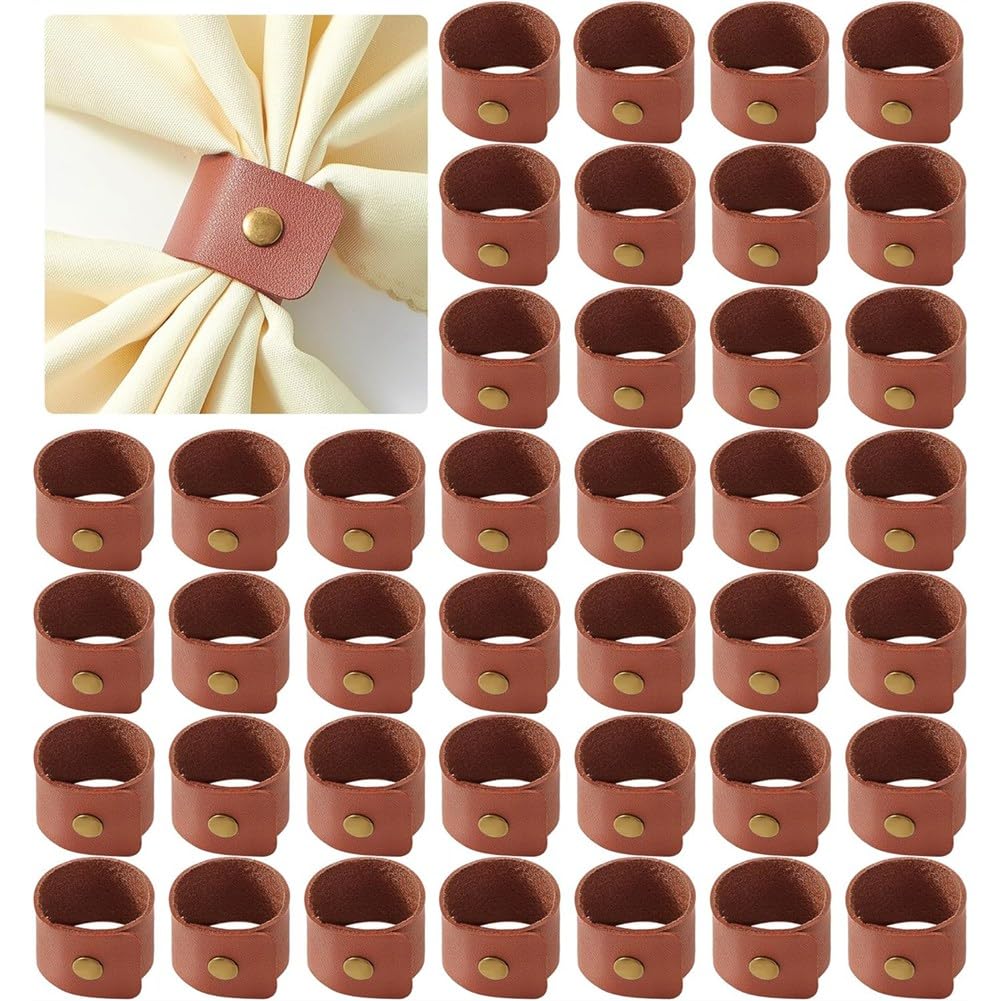 CTRLZS Napkin Holder for Wedding Party Birthday Banquet Table Decoration, 40PCS PU Leather Napkin Rings, Brown Vintage Farmhouse Style