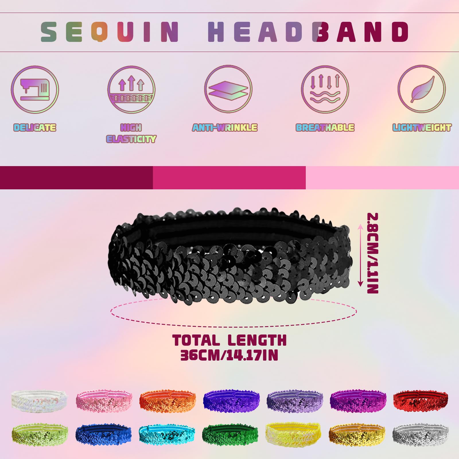 SAIIURV 20 Pieces Sequin Headband Elastic Sparkly Adjustable Size Disco Bling Sport Head Band for Women Fashion Glitter Shiny 70s Hair Accessories for Dance Party (20PCS - Image 2