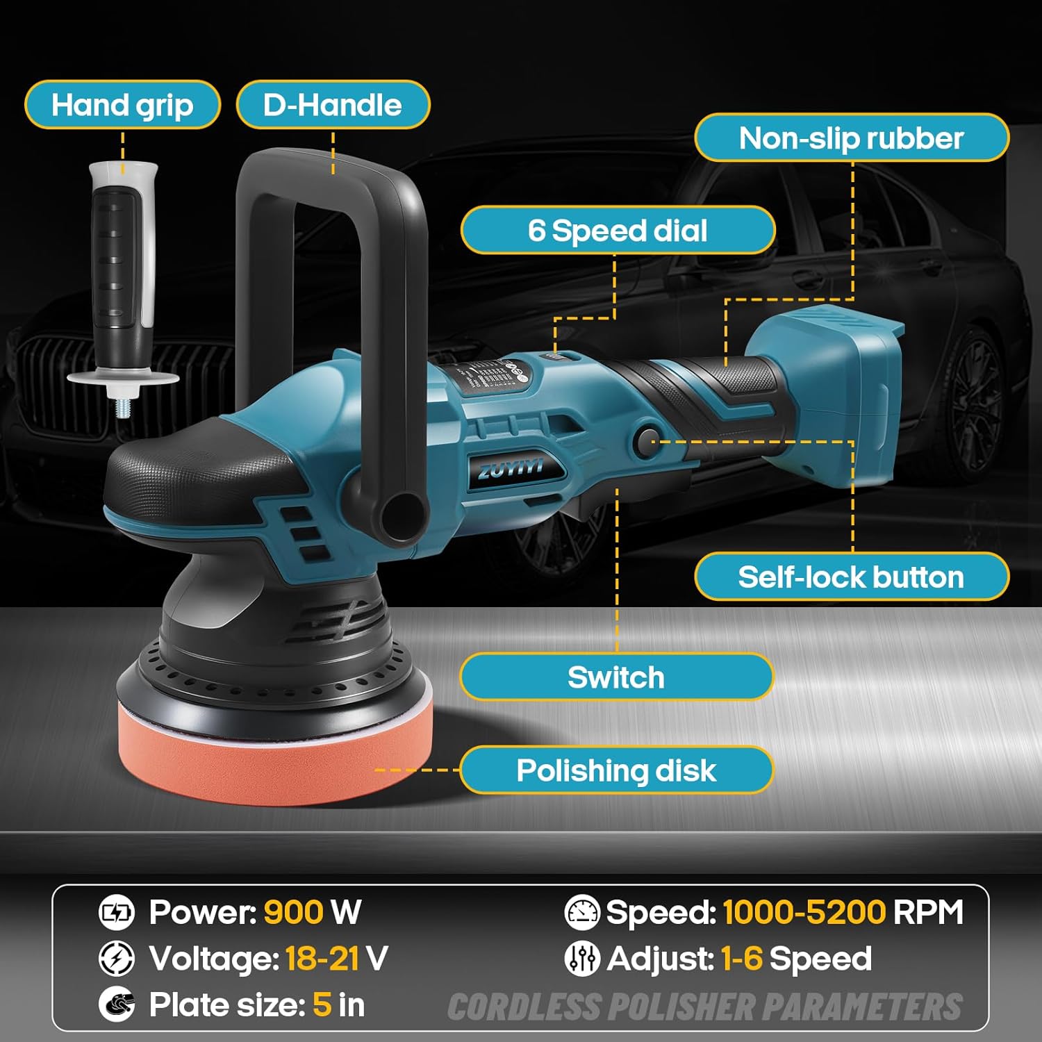 Cordless Car Buffer Polisher for Makita 18V Battery (Not Included), 5 Inch Orbital Polisher, 6 Variable Speed, Buffer Waxer Kit for Car Boat Detailing, Polishing, Scratch Removing
