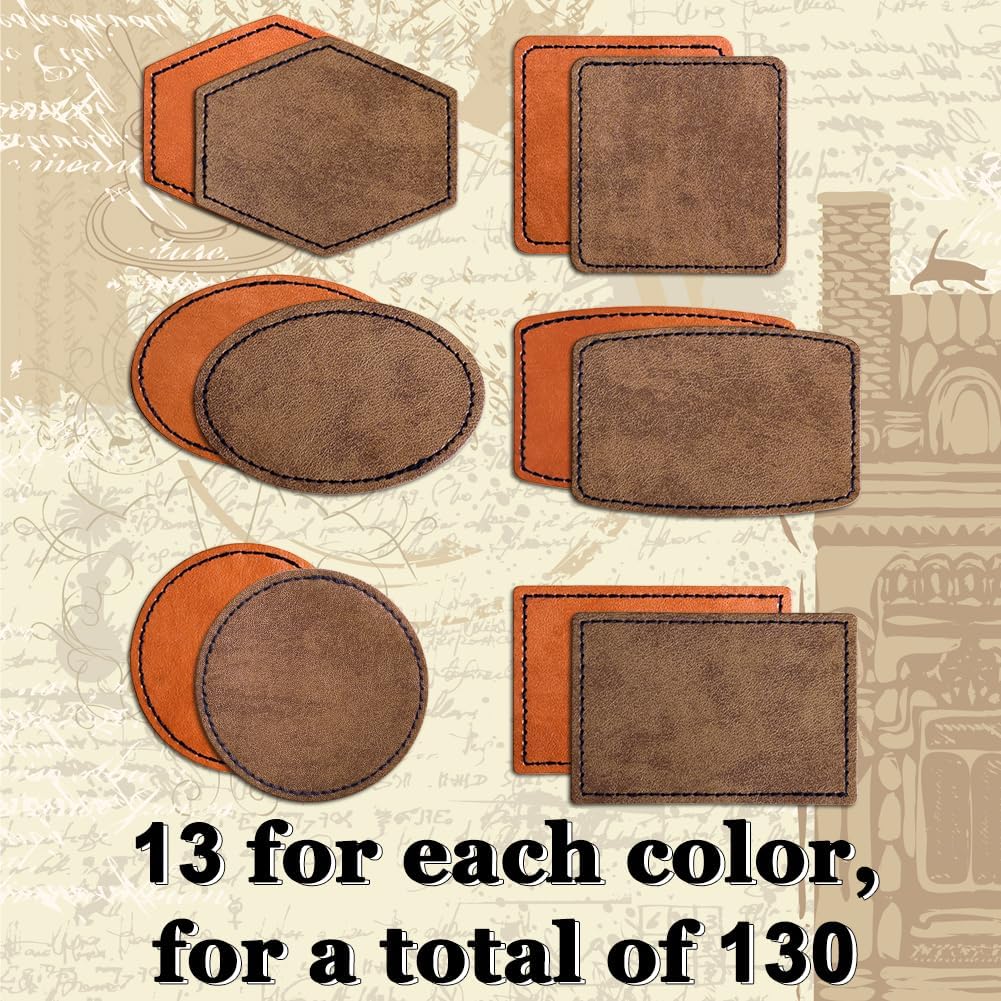 130 Pcs 5 Types of Shape Custom Logo Blank Rustic Hat Leather Patch with Adhesive,Iron on Heat Press Laser Engraving Repair Sew for Cowboy Cap Faux Leatherette Patch (130PC-5IT-Khaki+Brown)