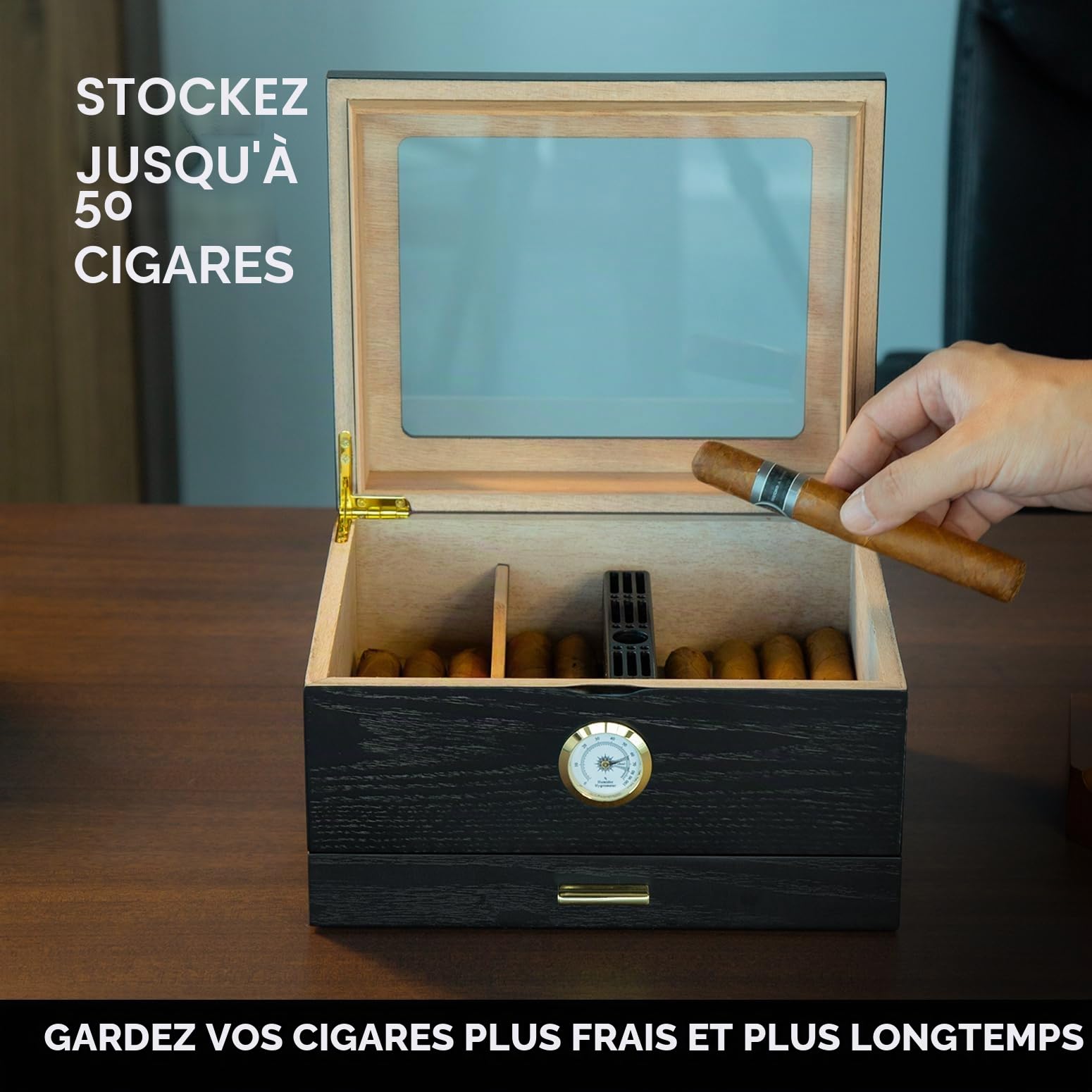 Slege Cave à cigares, Caves à cigares, boîte à cigares en Bois de cèdre Espagnol, Accessoires de cigares, tiroir, avec humidificateur, hygromètre, séparateur, Cadeau pour Homme（Noir）